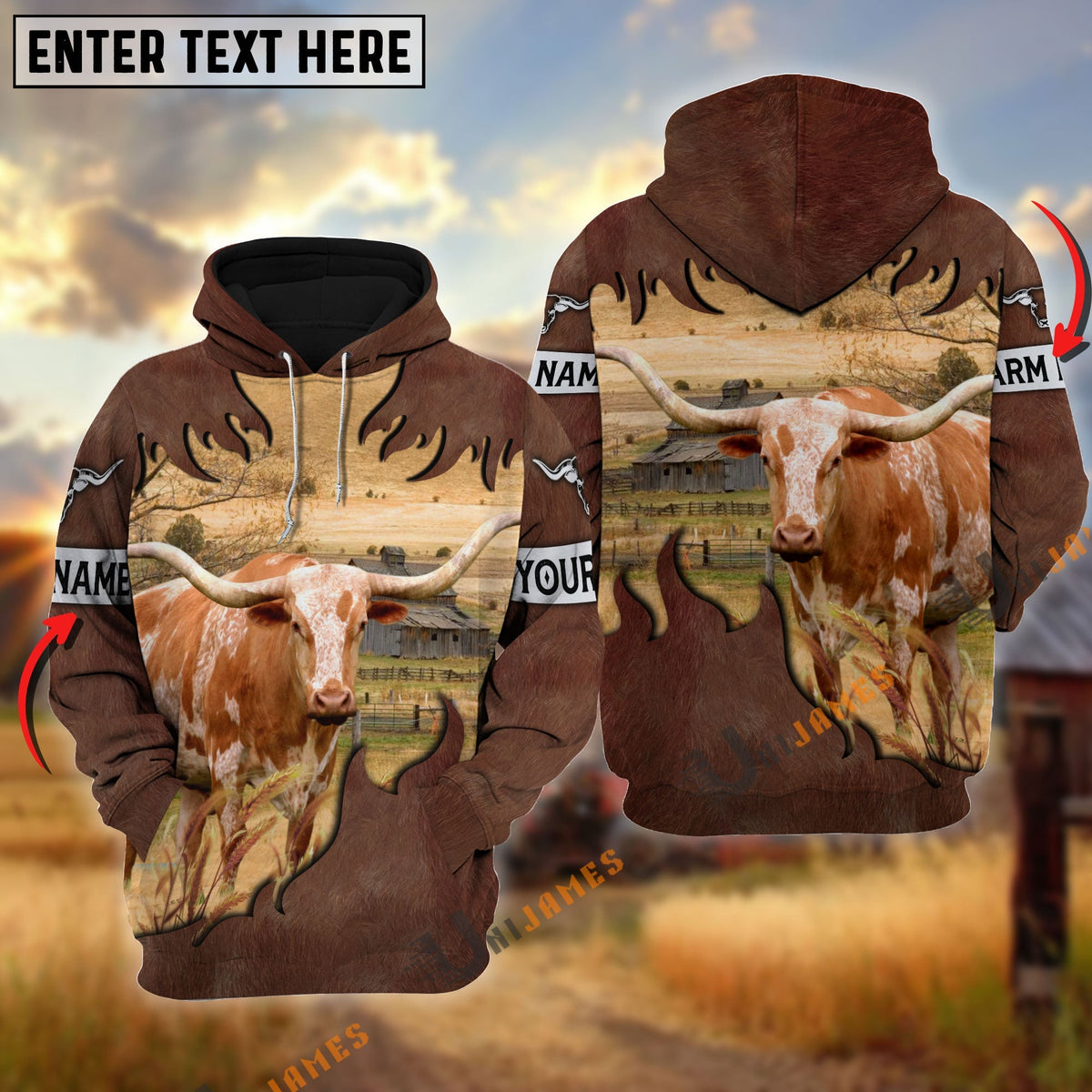 Texas Longhorn Brown Hair Pattern Personalized Name 3D Hoodie