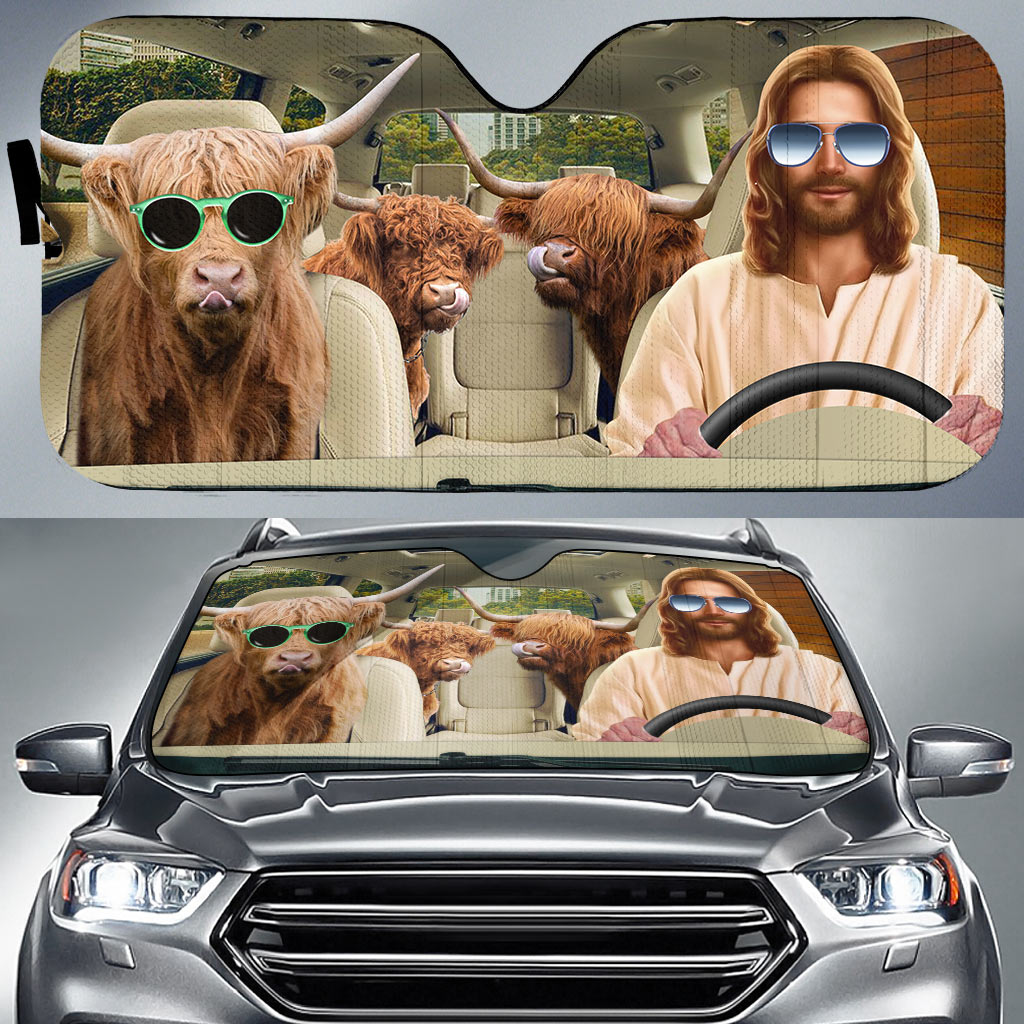 Jesus Driving Highland Cattle All Over Printed 3D Sun Shade
