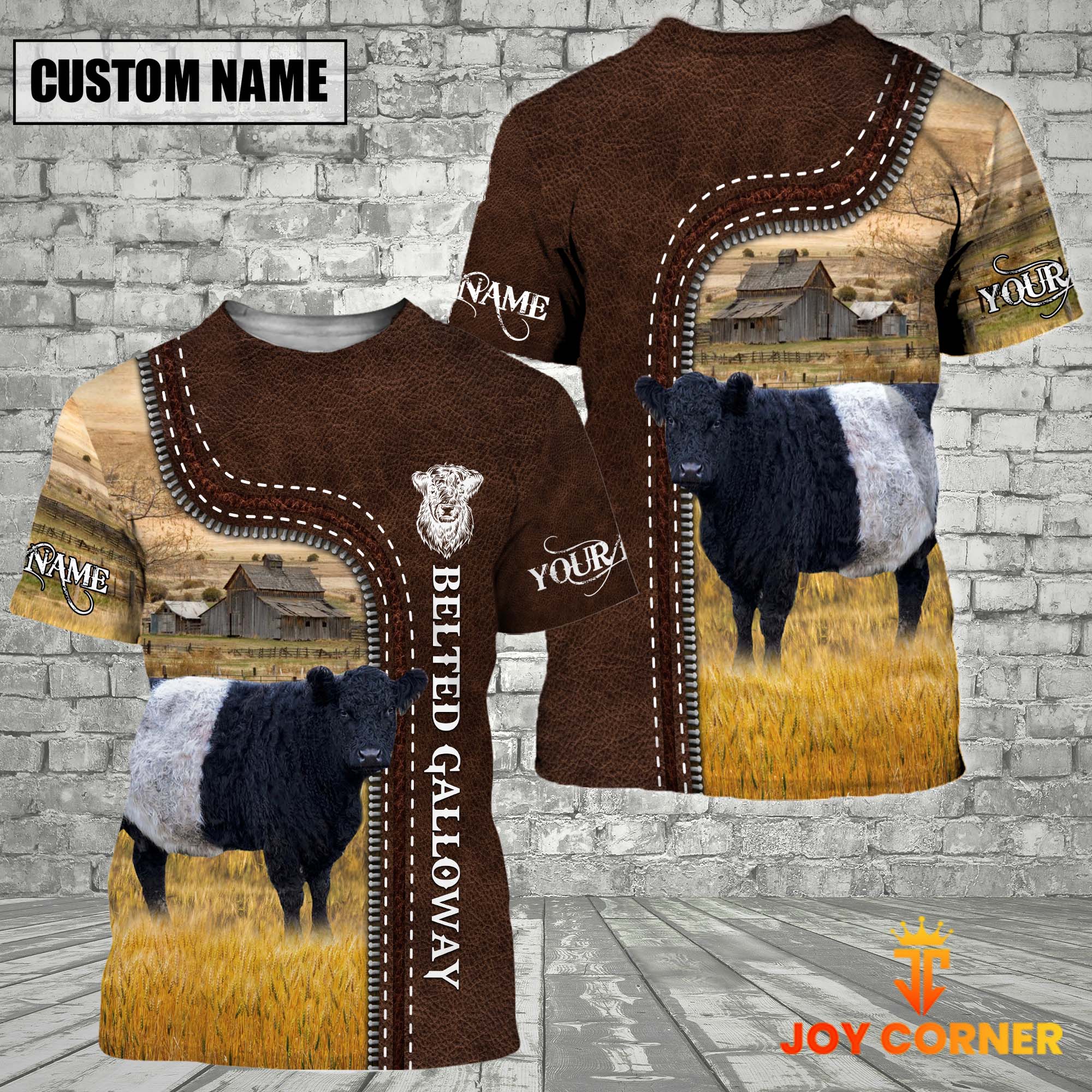 Belted Galloway Farm Custom Name Leather Pattern T-Shirt