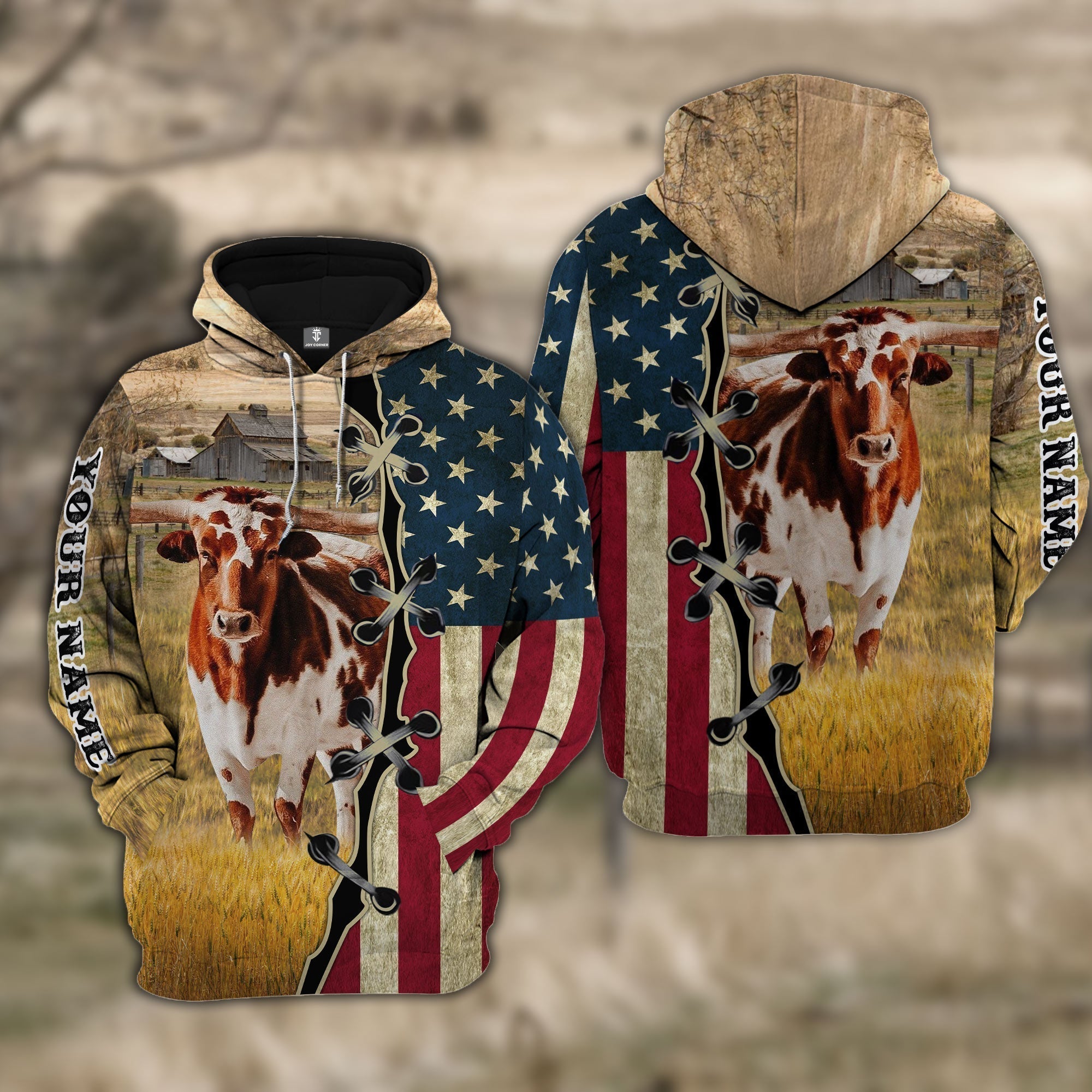 Custom Name Texas Longhorn Cattle American Flag 3D Shirt