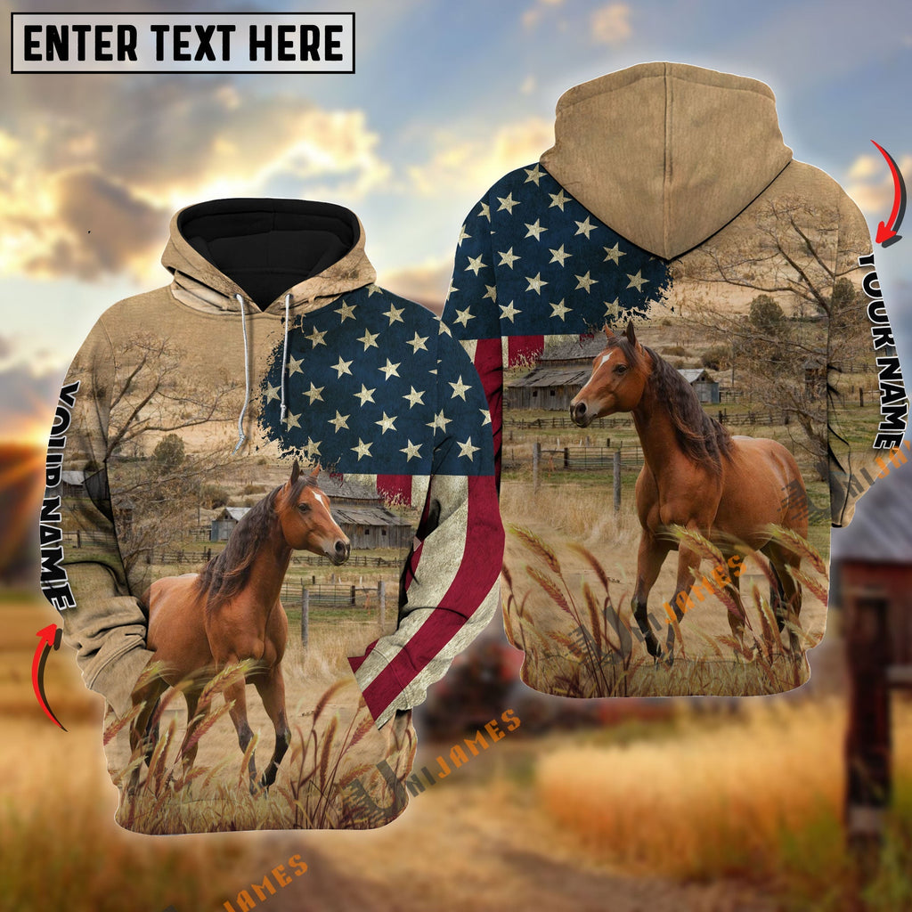 Horse US Flag Customized Name 3D Hoodie
