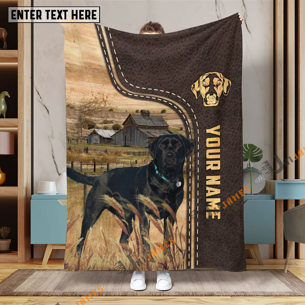 Personalized Name Black Labrador Leather Pattern Blanket
