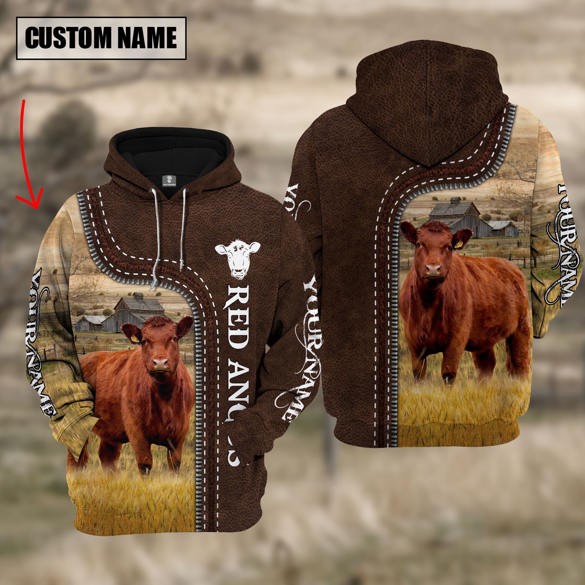 Red Angus Farming Leather Pattern Personalized 3D Hoodie