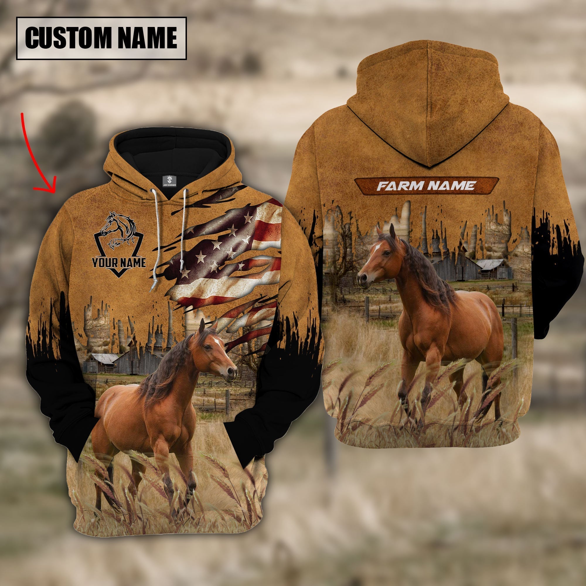 Horse Custom Name US FLAG Pattern Hoodie