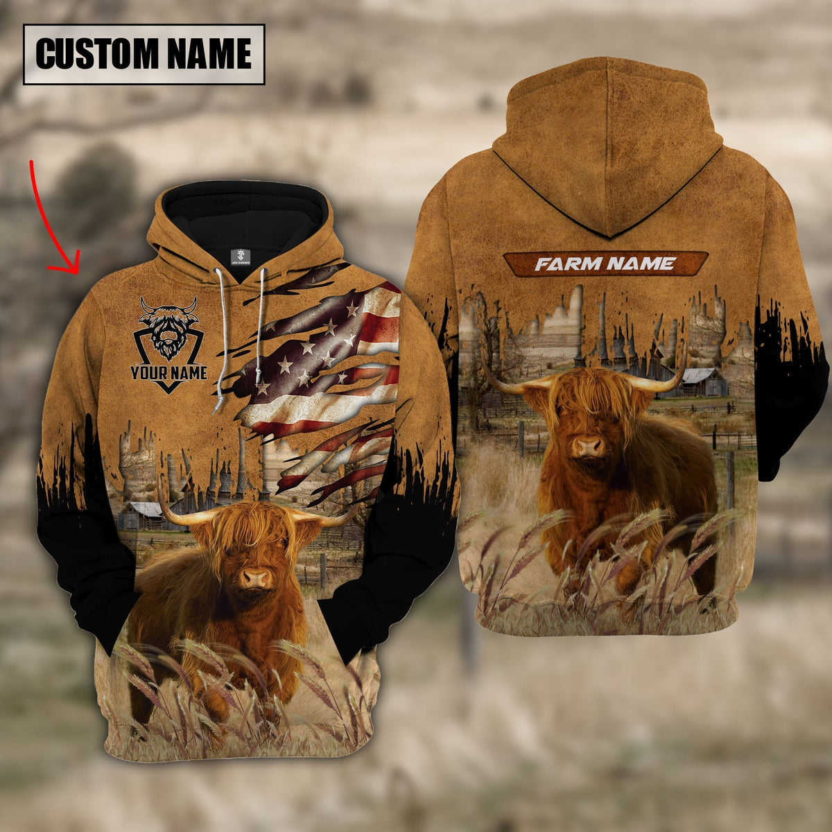 Highland Cattle Custom Name US FLAG Pattern Hoodie