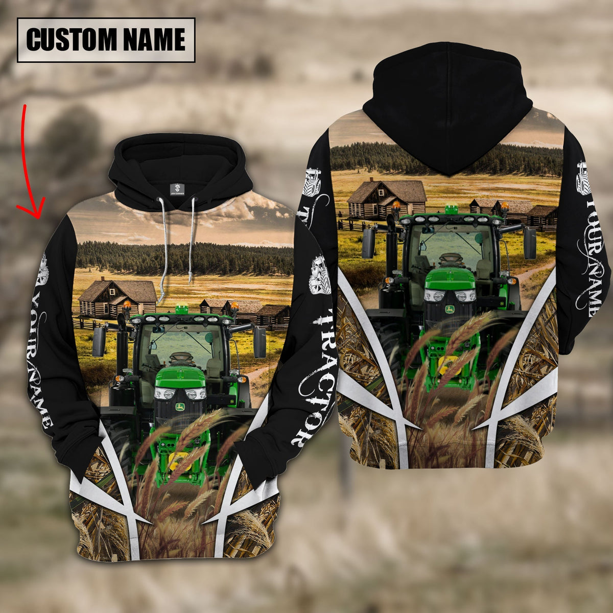 Tractor Custom Name Meadow Pattern Black Hoodie