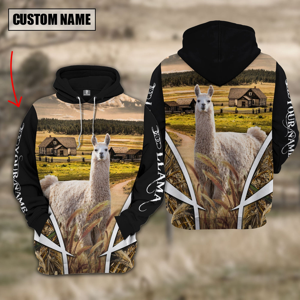 Llama Custom Name Meadow Pattern Black Hoodie