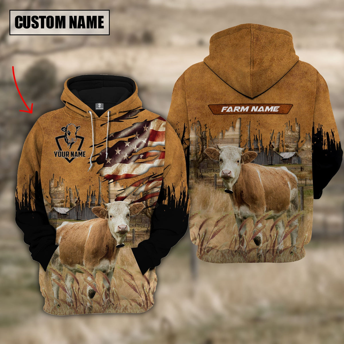 Simmental Custom Name US FLAG Pattern Hoodie