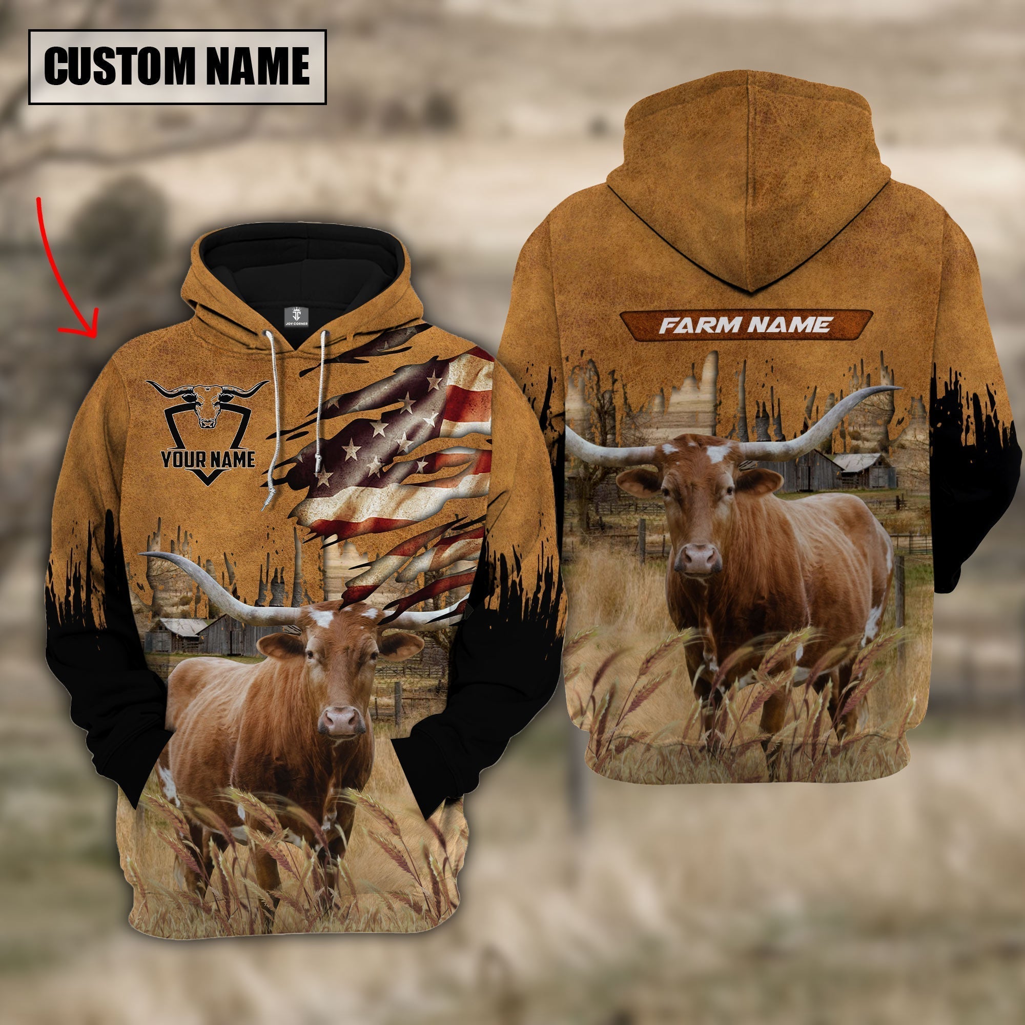 Texas Longhorn Custom Name US FLAG Pattern Hoodie
