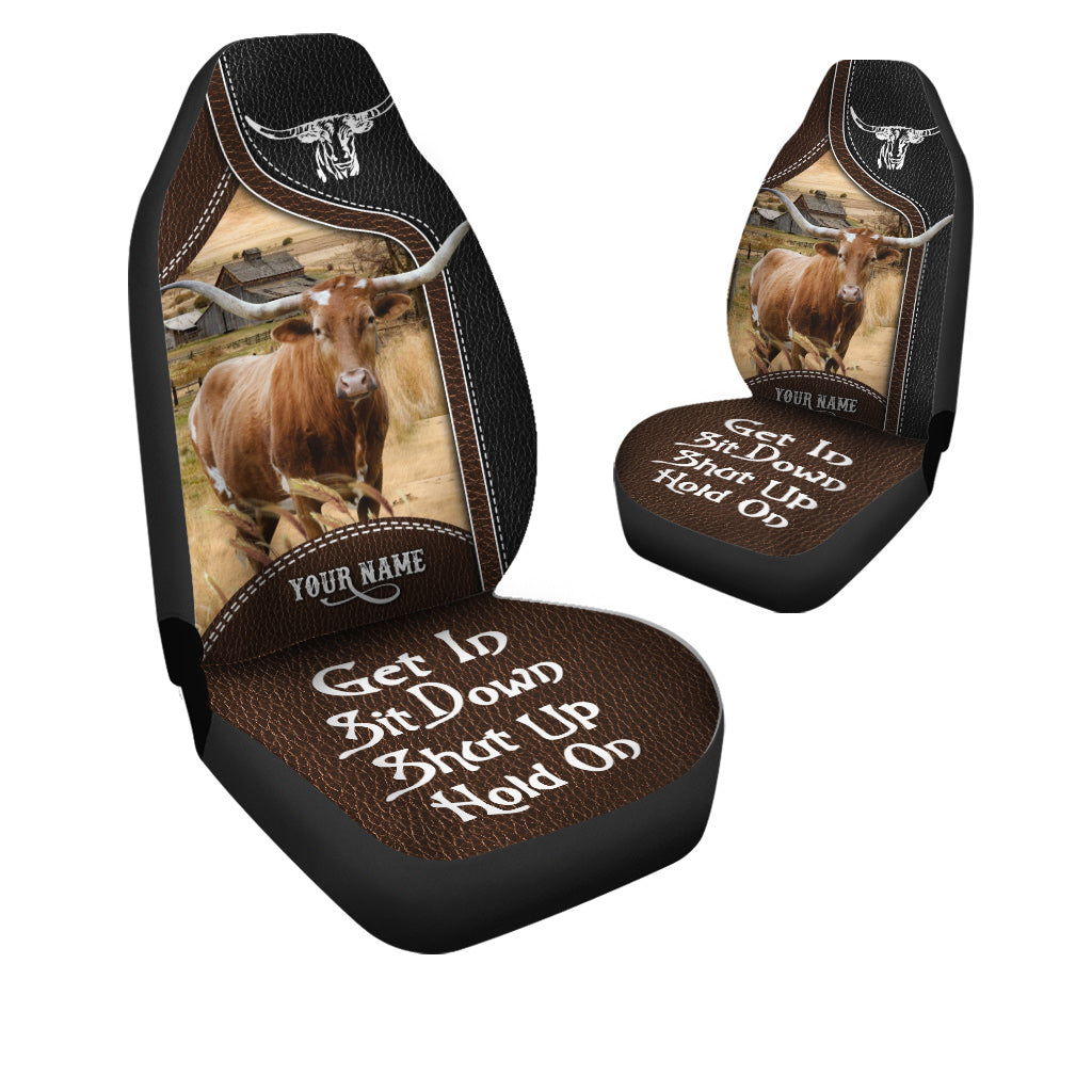 Texas Longhorn Personalized Name Black And Brown Leather Pattern Car Seat Covers Universal Fit (2Pcs)