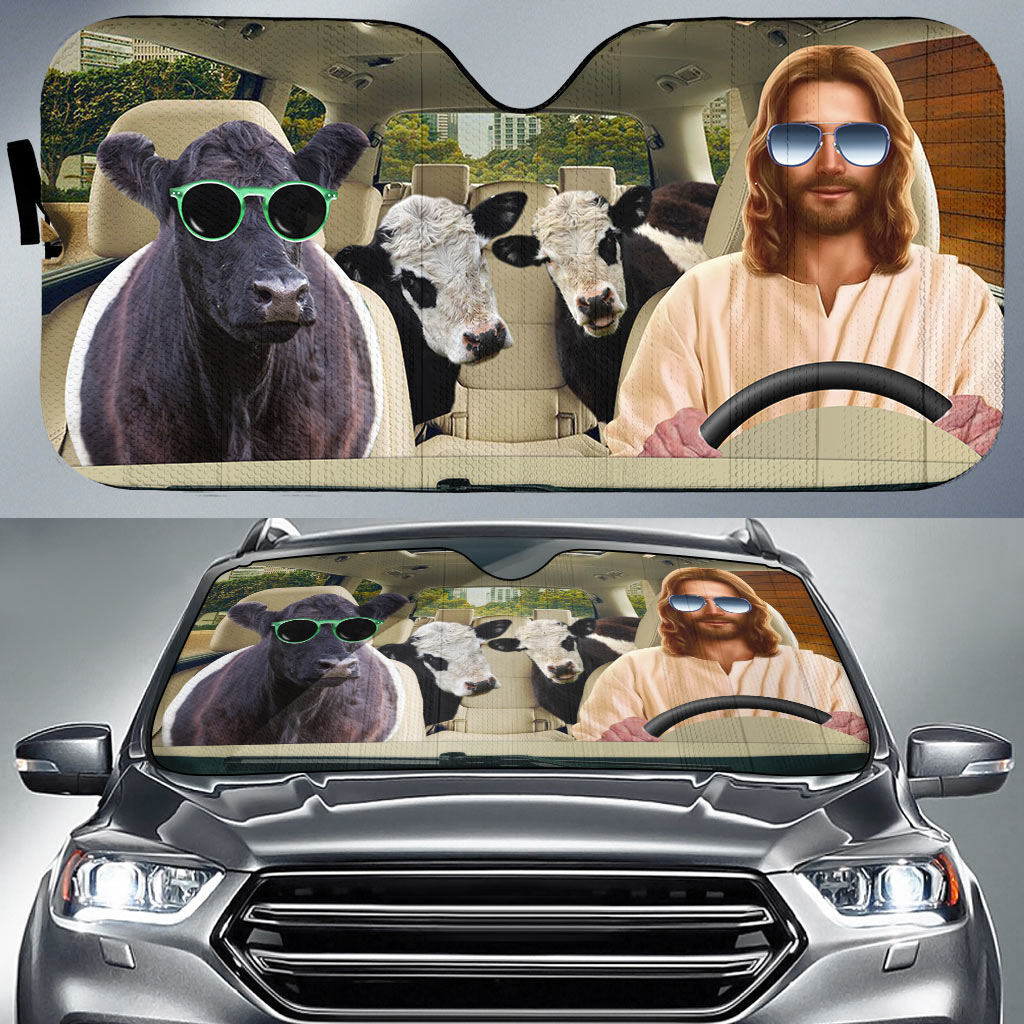 Jesus Driving Belted Galloway Cattle All Over Printed 3D Sun Shade