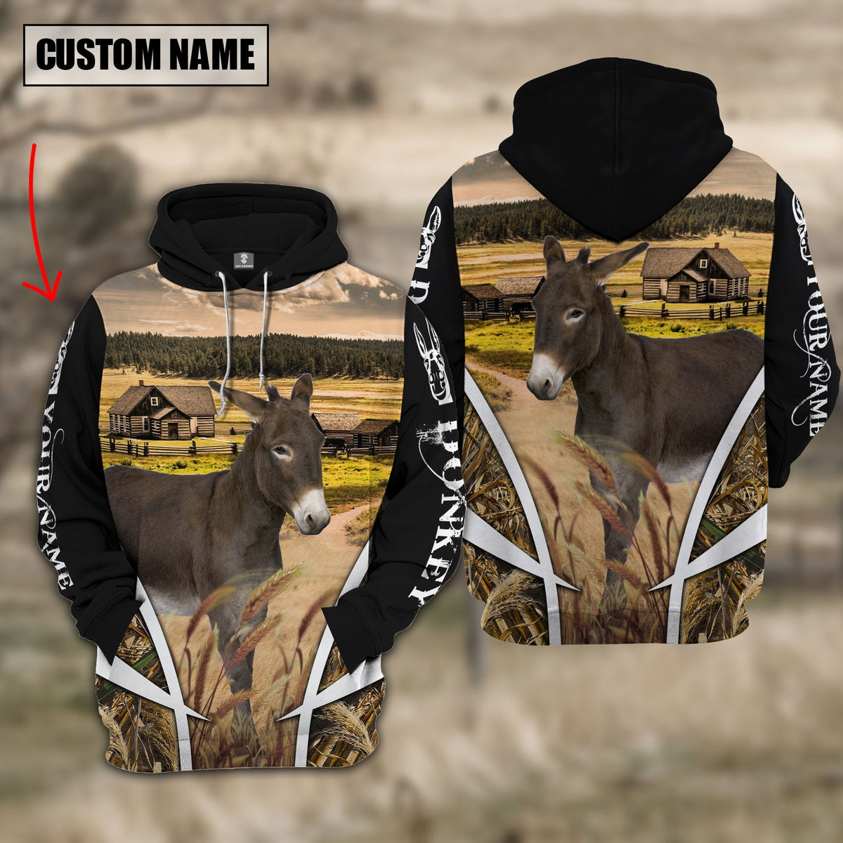 Donkey Custom Name Meadow Pattern Black Hoodie
