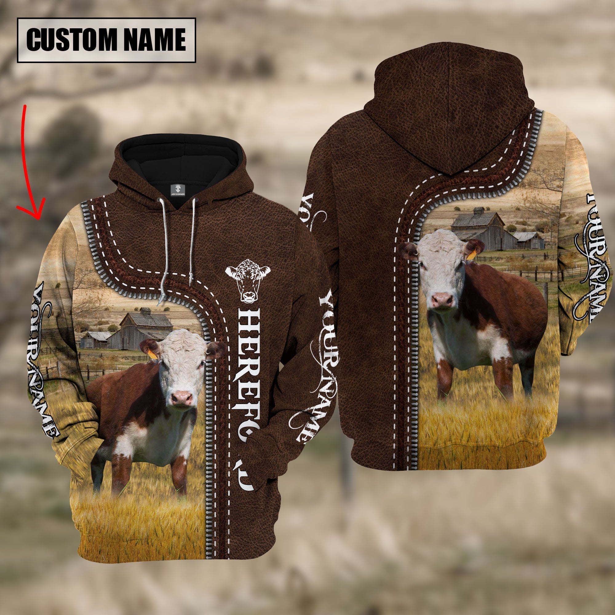 Hereford Farming Leather Pattern Personalized 3D Hoodie