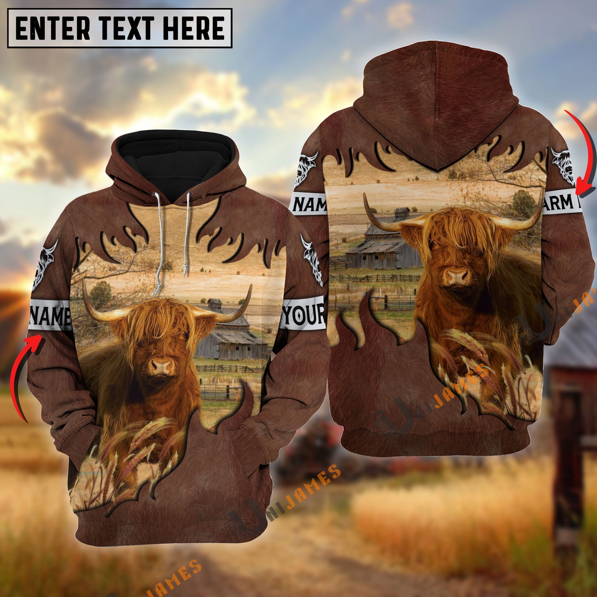 Highland Brown Hair Pattern Personalized Name 3D Hoodie