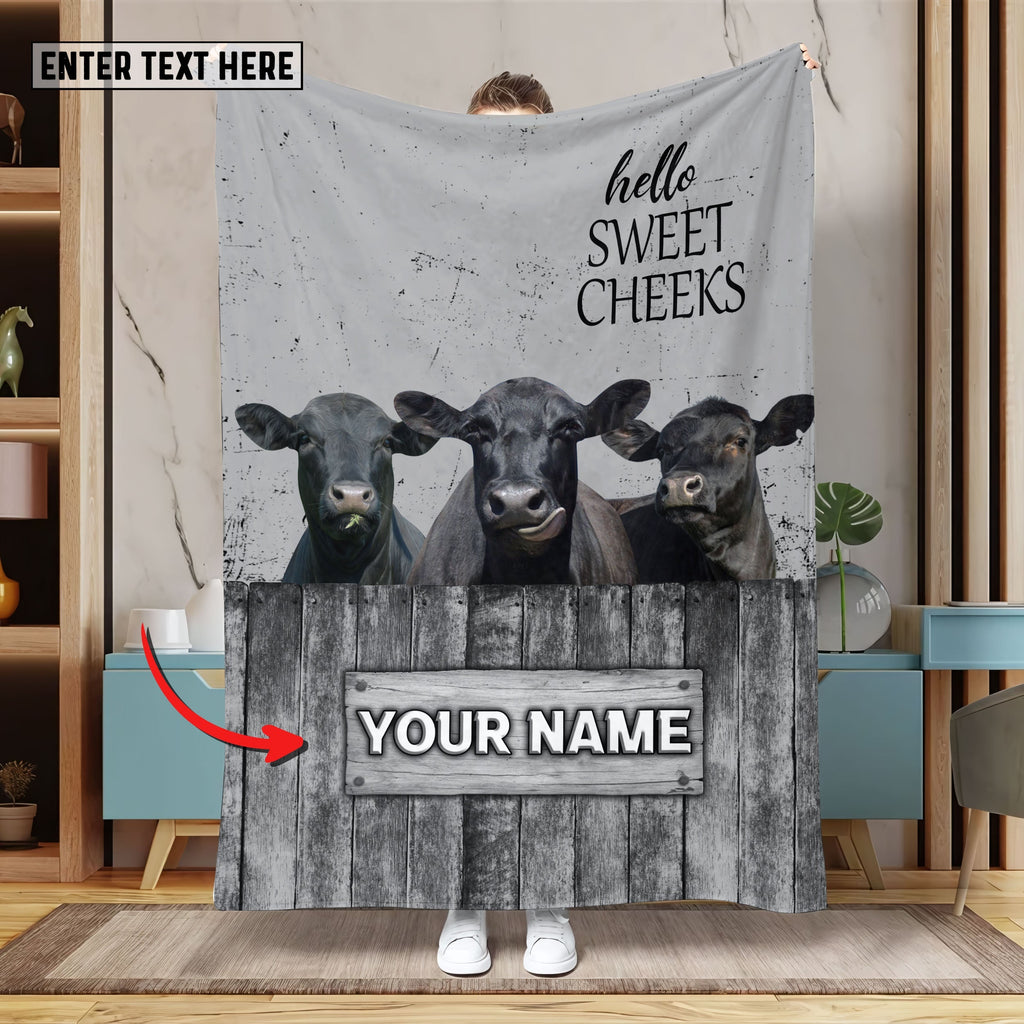 Personalized Name Black Angus Hello Sweet Cheeks Pattern Blanket