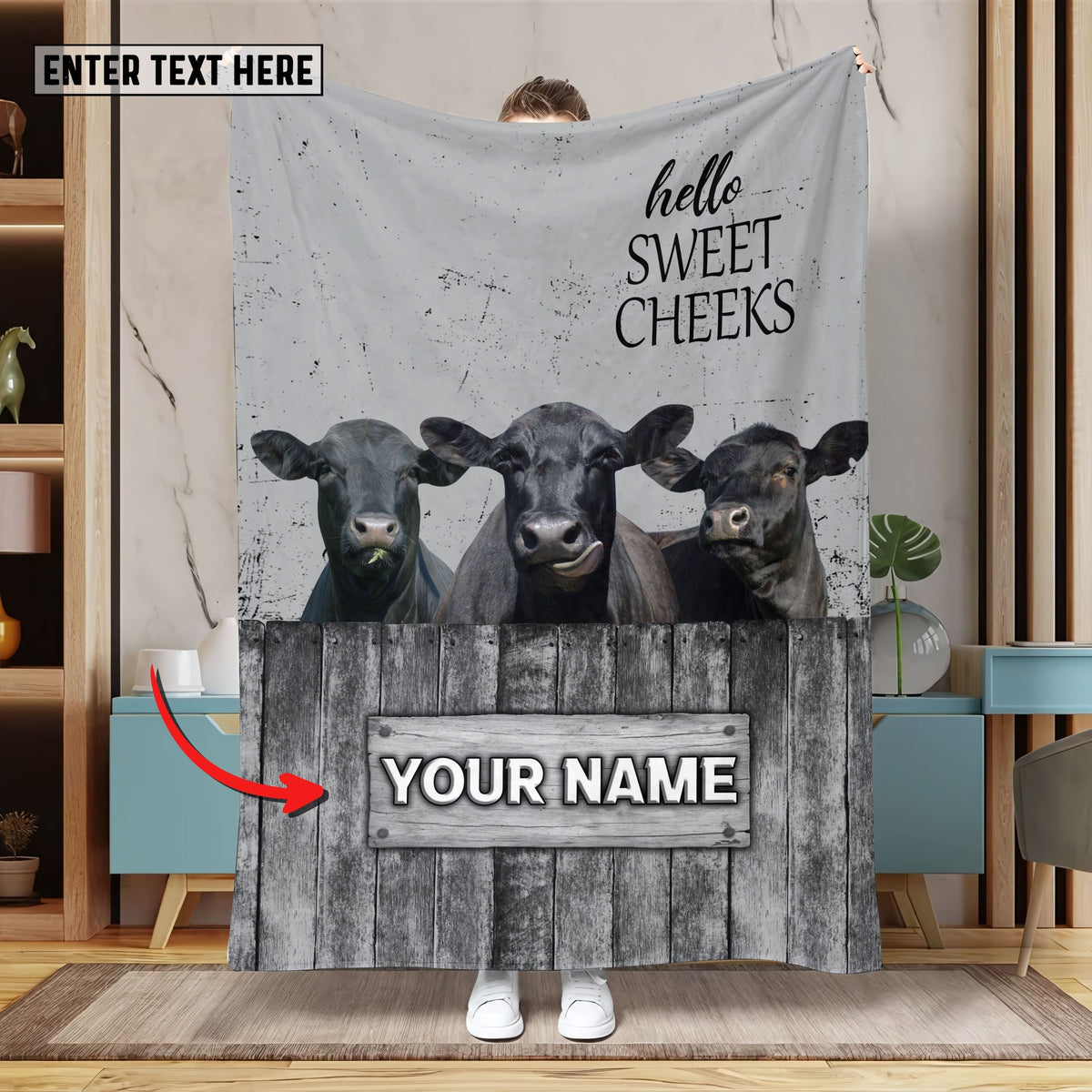 Personalized Name Black Angus Hello Sweet Cheeks Pattern Blanket