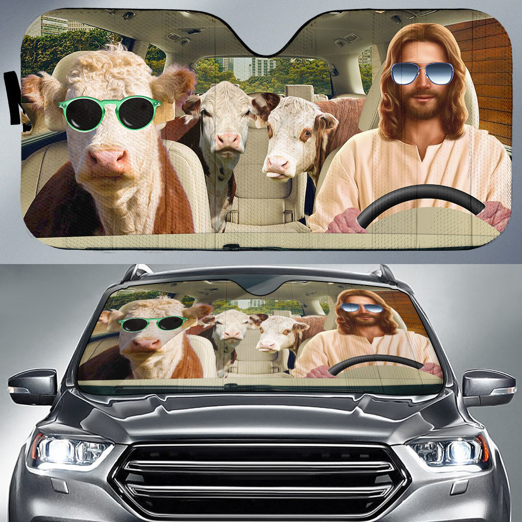 Jesus Driving Hereford Cattle All Over Printed 3D Sun Shade