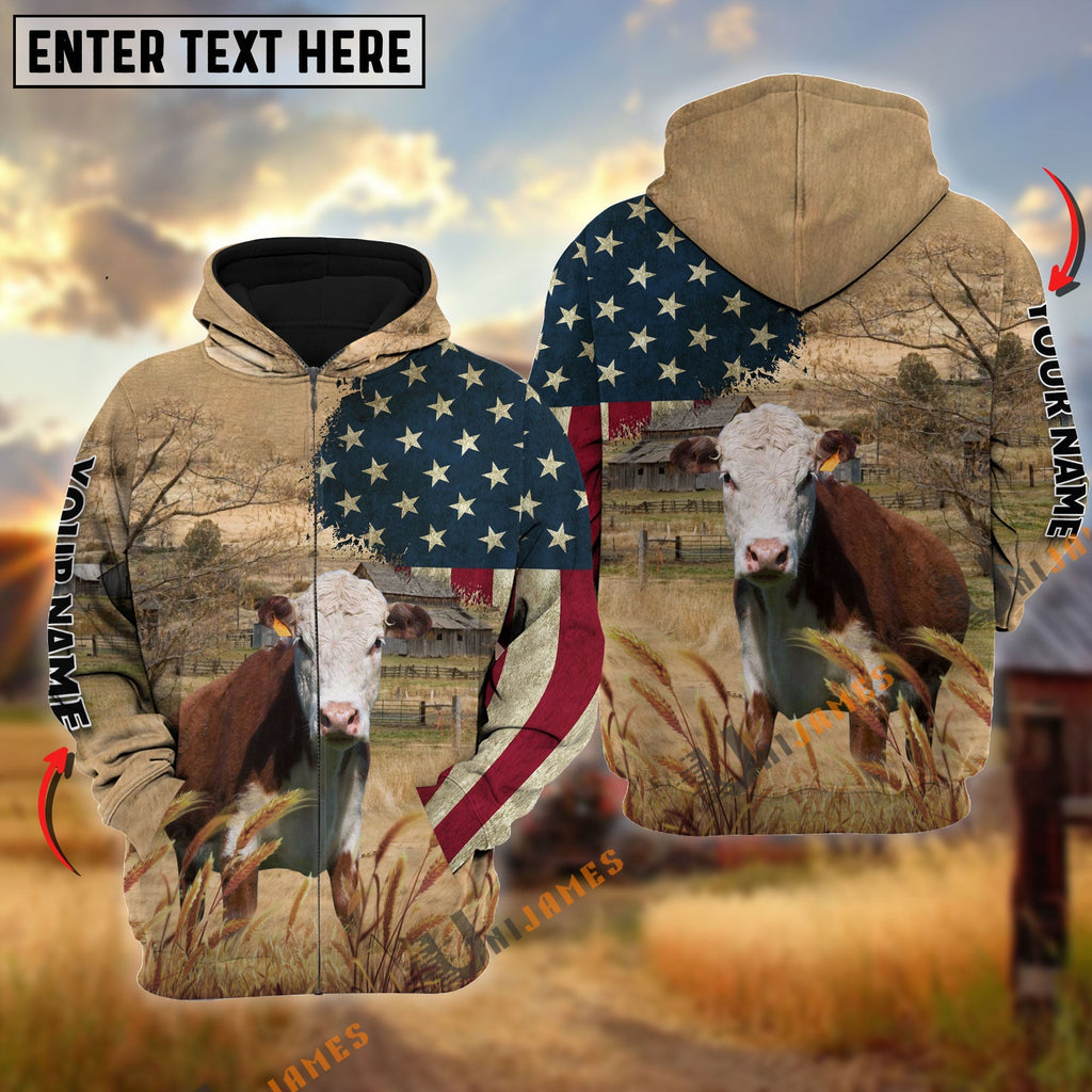 Hereford US Flag Customized Name 3D Hoodie