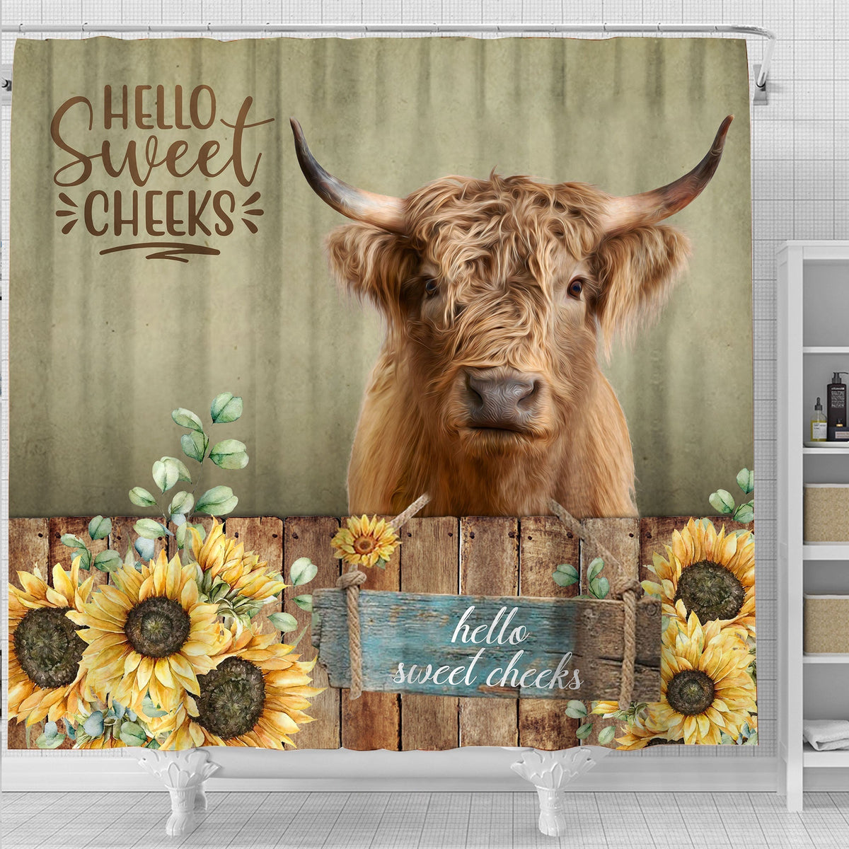 Highland Cattle Hello Sweet Cheeks 3D Shower Curtain