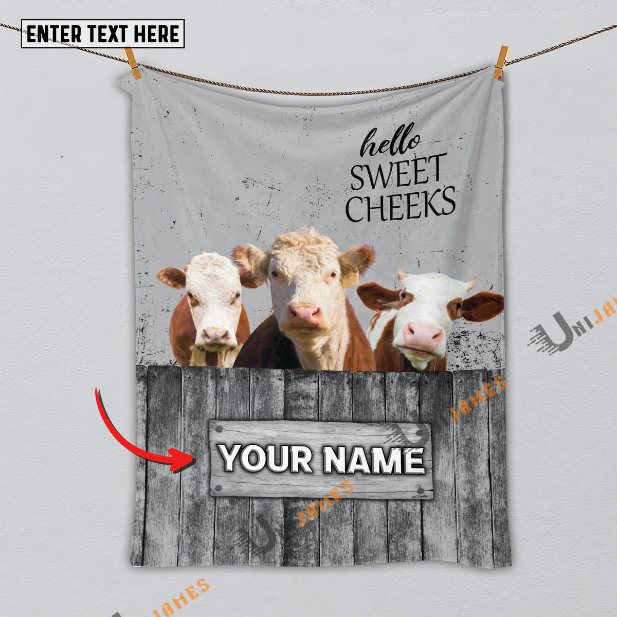Personalized Name Hereford Hello Sweet Cheeks Pattern Blanket