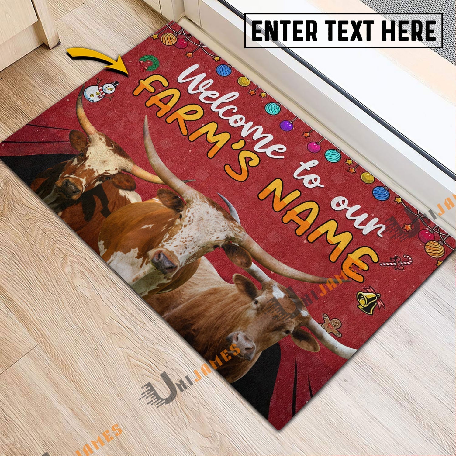 Texas Longhorn Christmas Custom Name Doormat