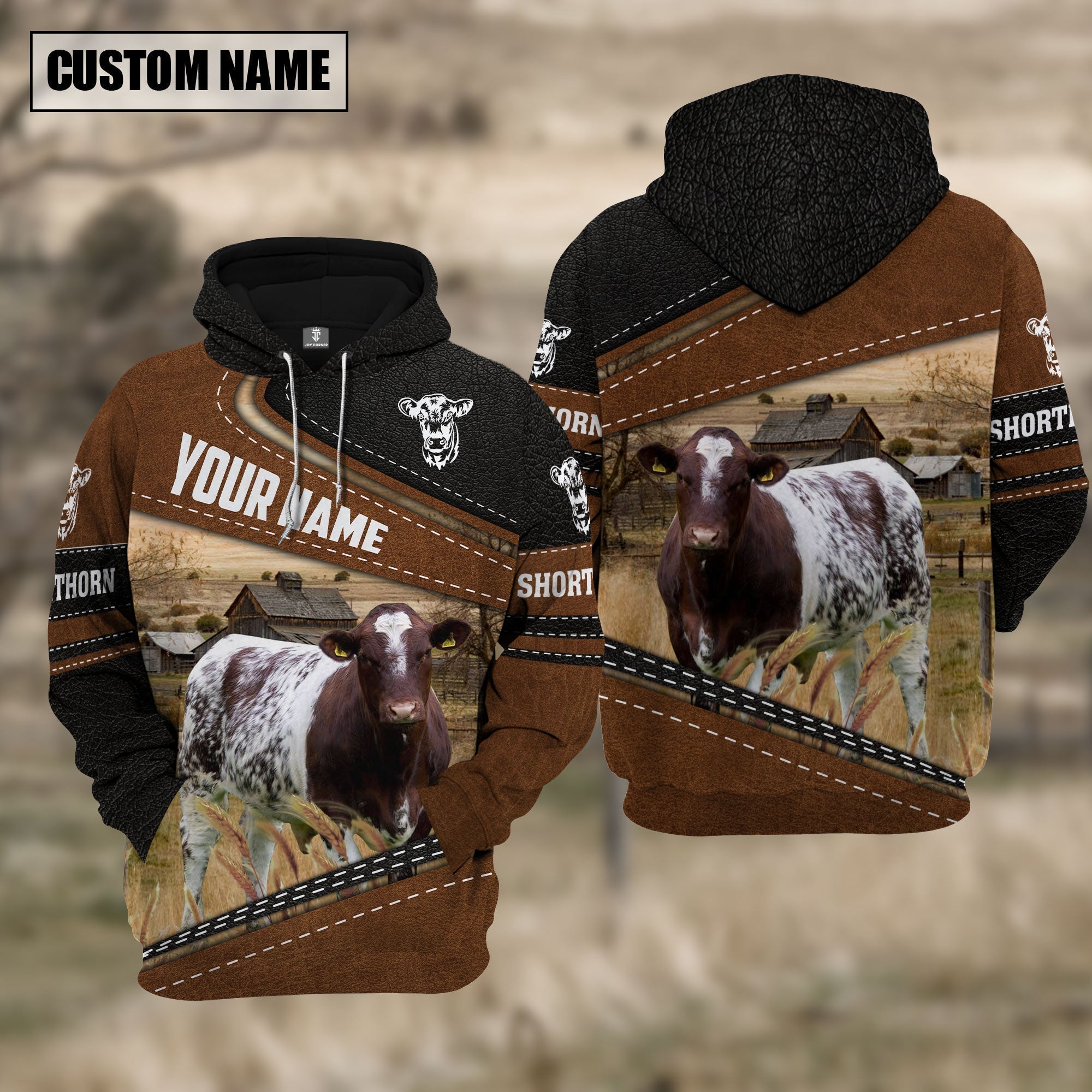 Shorthorn Cattle Leather Pattern Farm Personalized 3D Hoodie