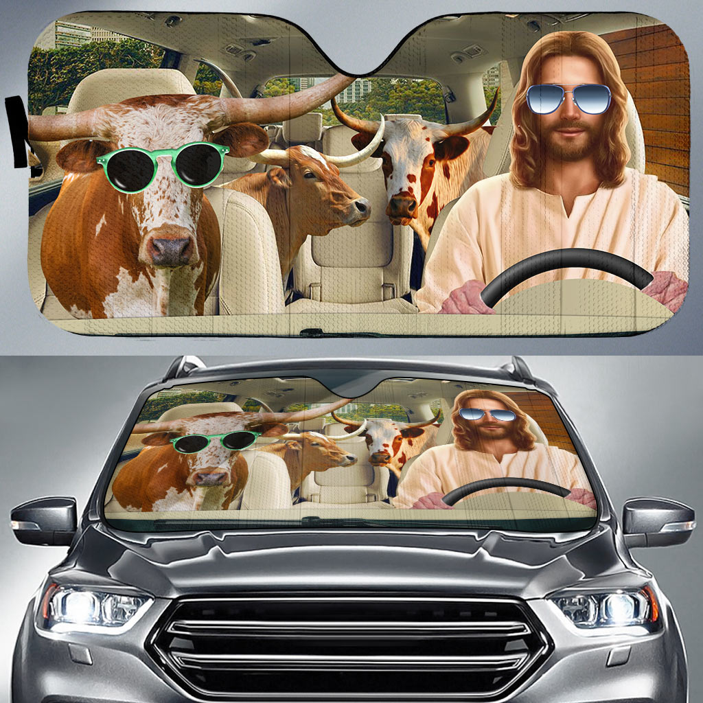 Jesus Driving Texas Longhorn Cattle All Over Printed 3D Sun Shade