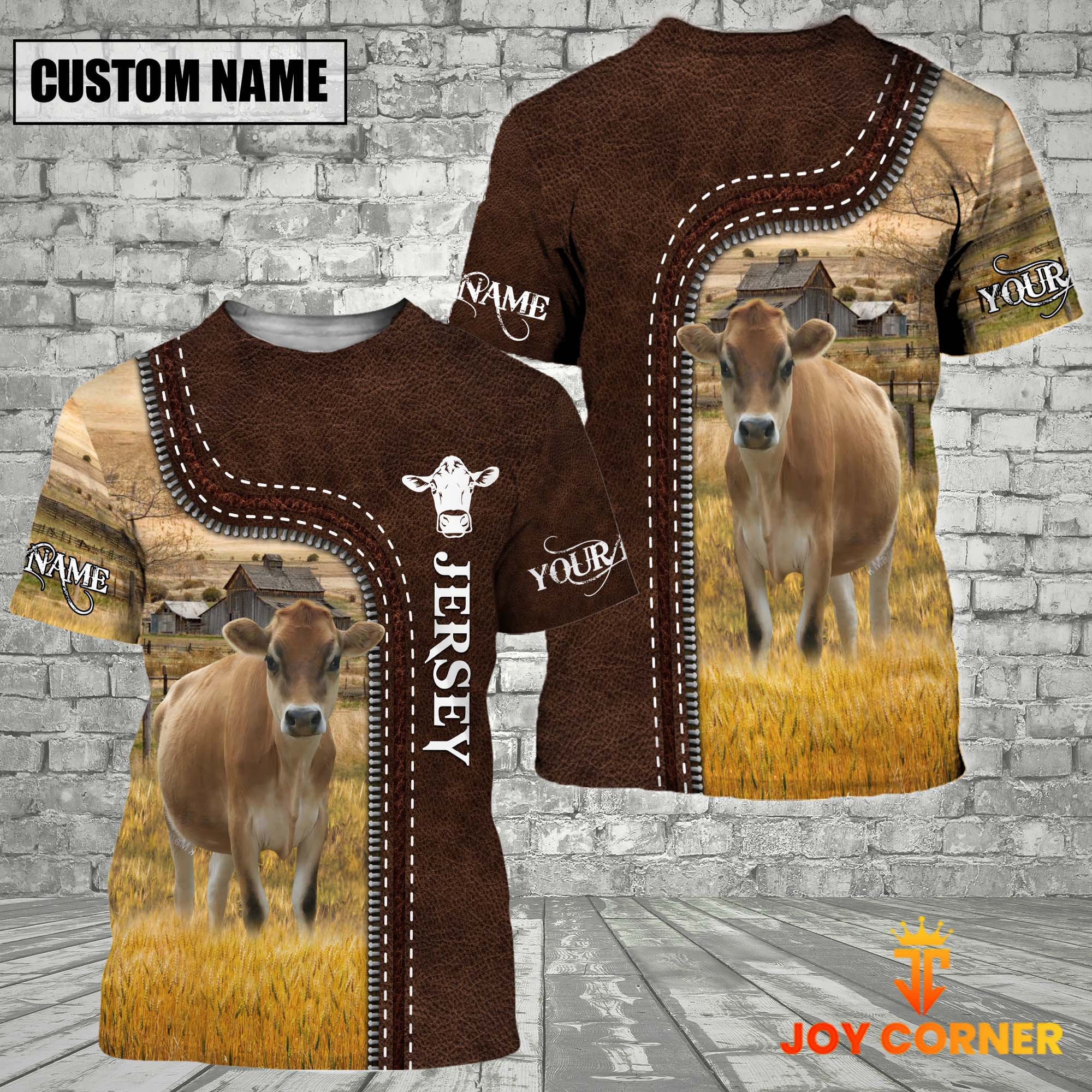 Jersey Farm Custom Name Leather Pattern T-Shirt