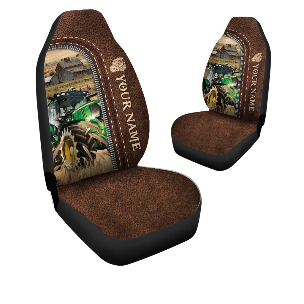 Tractor Personalized Name Leather Pattern Car Seat Covers Universal Fit (2Pcs)