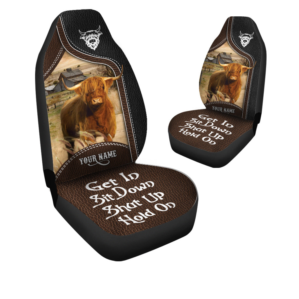 Highland Cattle Personalized Name Black And Brown Leather Pattern Car Seat Covers Universal Fit (2Pcs)