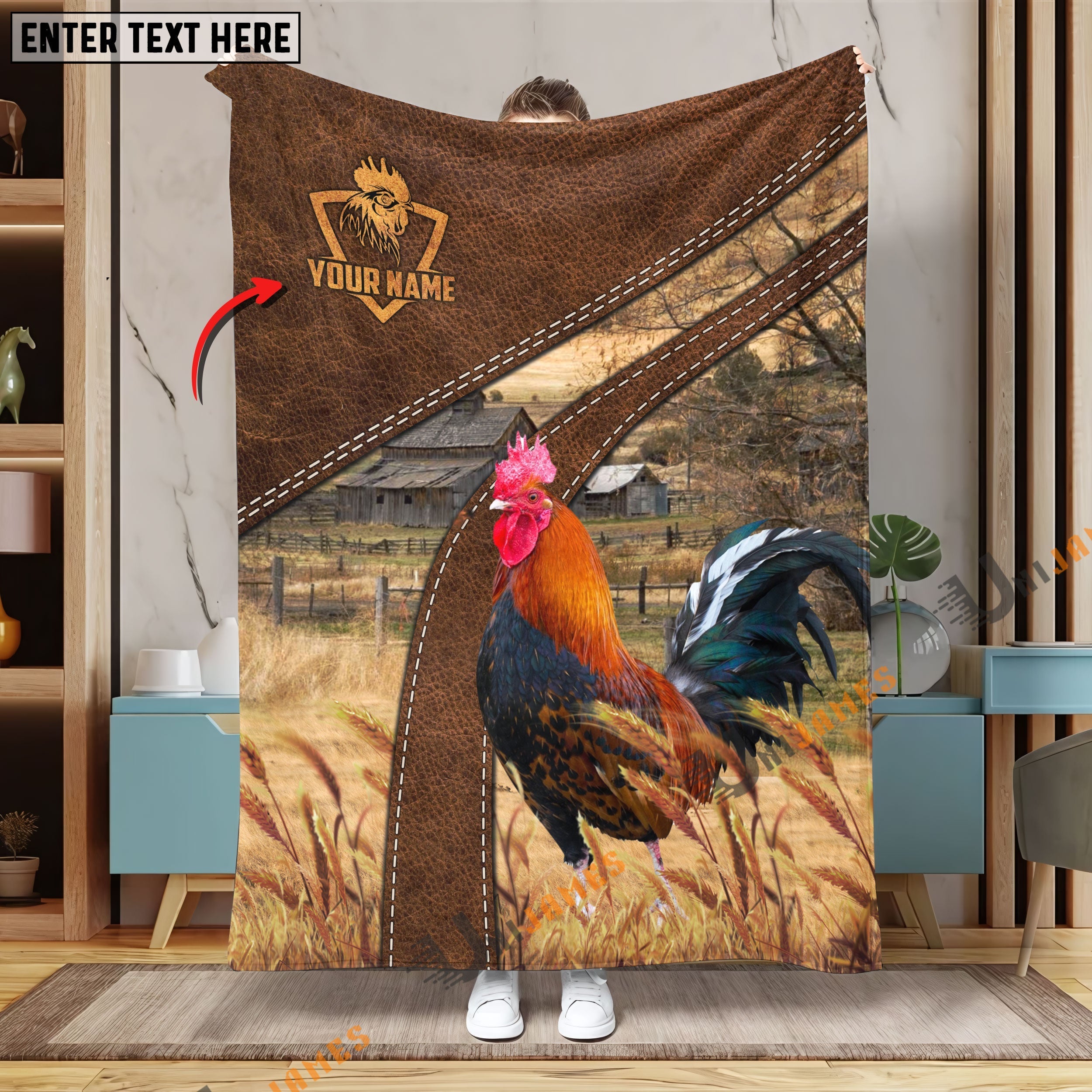 Personalized Name Rooster Brown Blanket