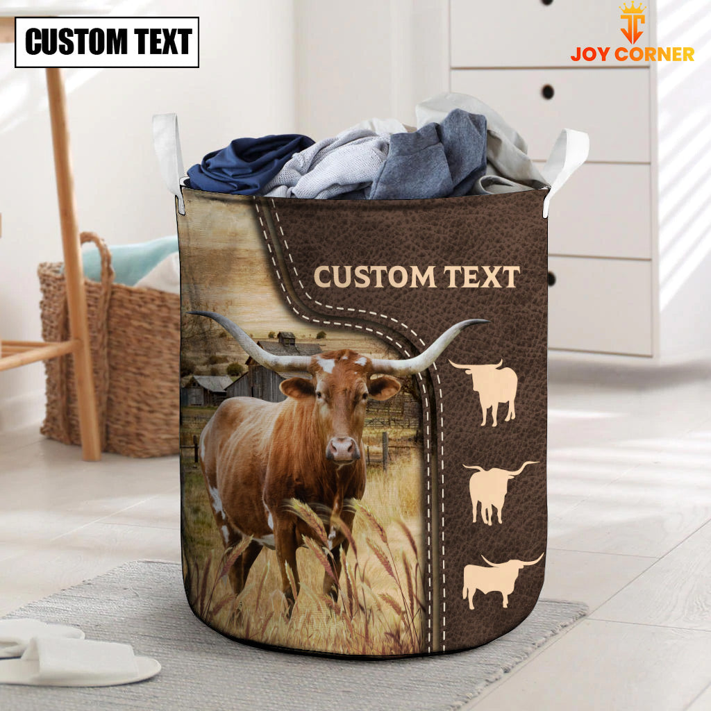 Texas Longhorn Custom Name Leather Pattern Laundry Basket