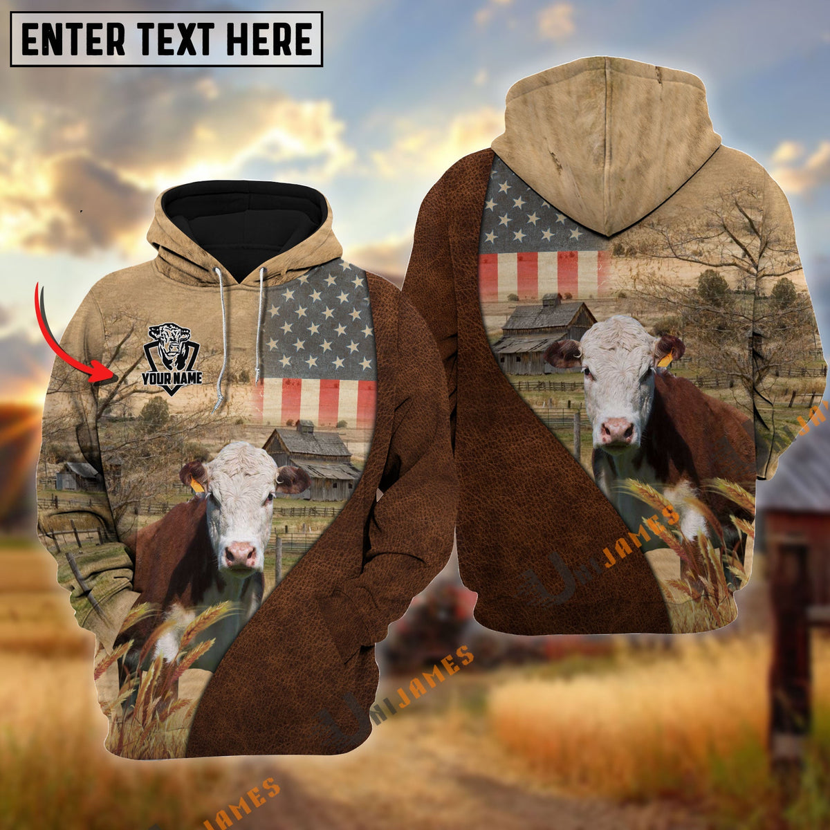 Personalized Name Hereford Cattle USA Flag Hoodie