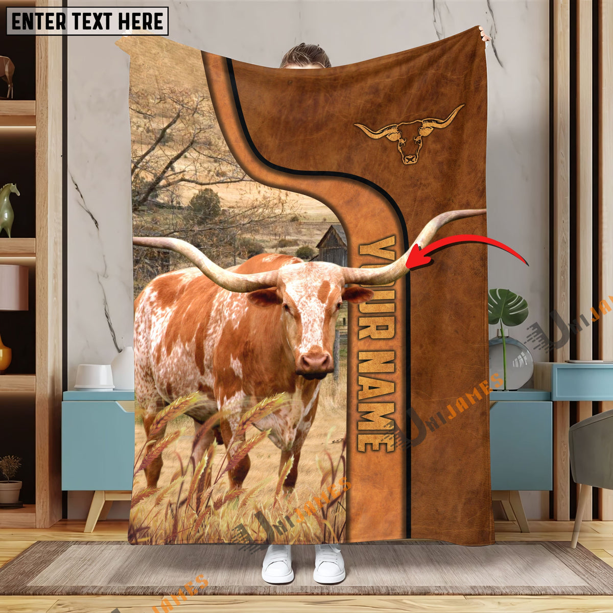 Personalized Name Texas Longhorn Premium Brown Pattern Blanket