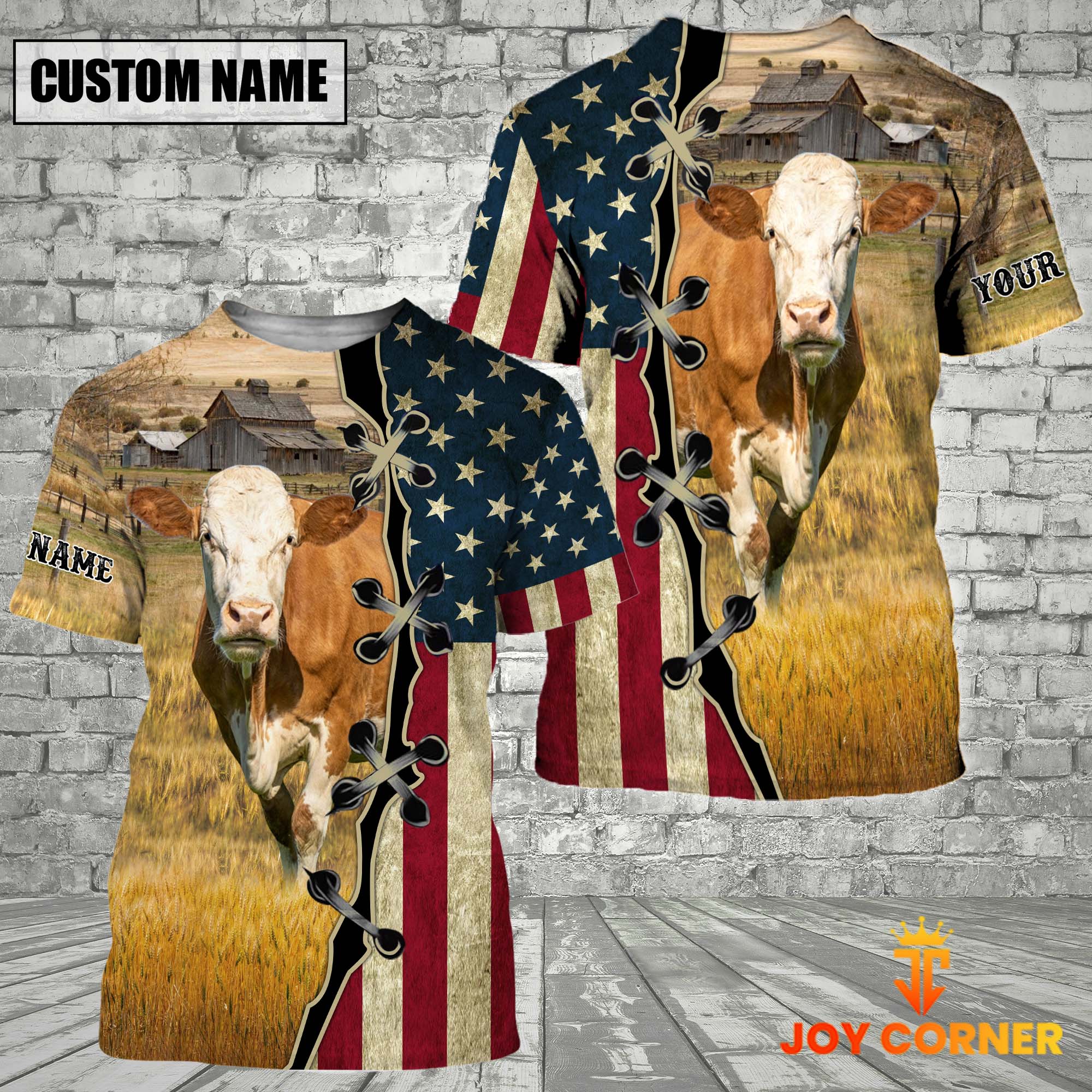 Custom Name Fleckvieh Cattle American Flag 3D Shirt