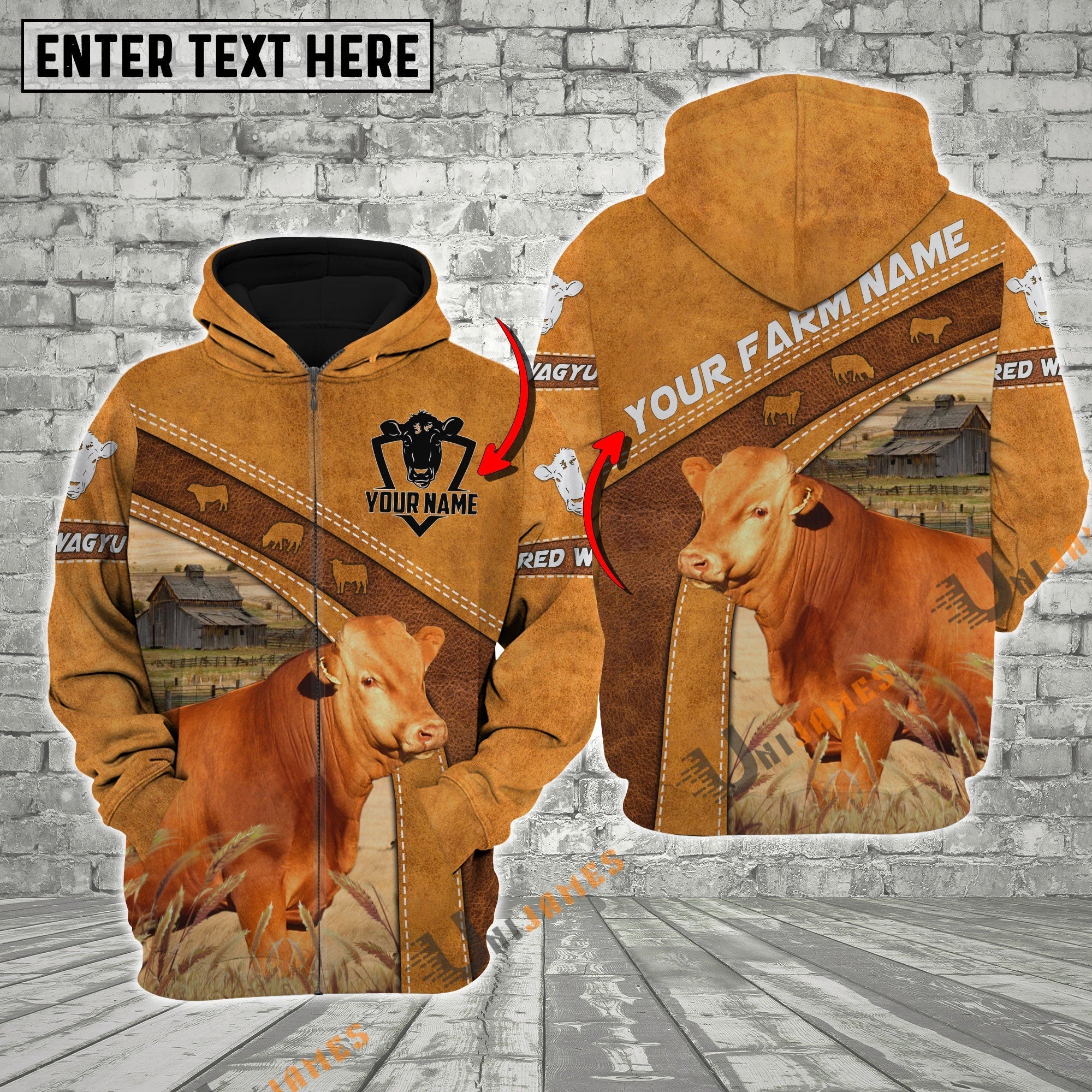 Personalized Name Farm Red Wagyu Cattle Hoodie