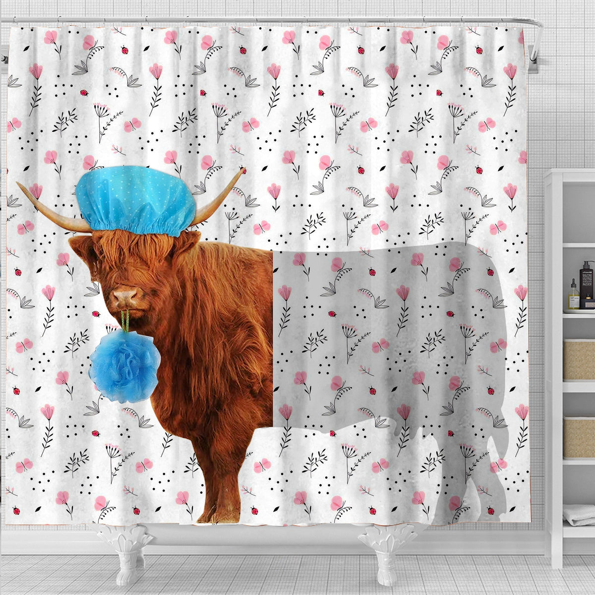 Highland Cattle Flower 3D Shower Curtain