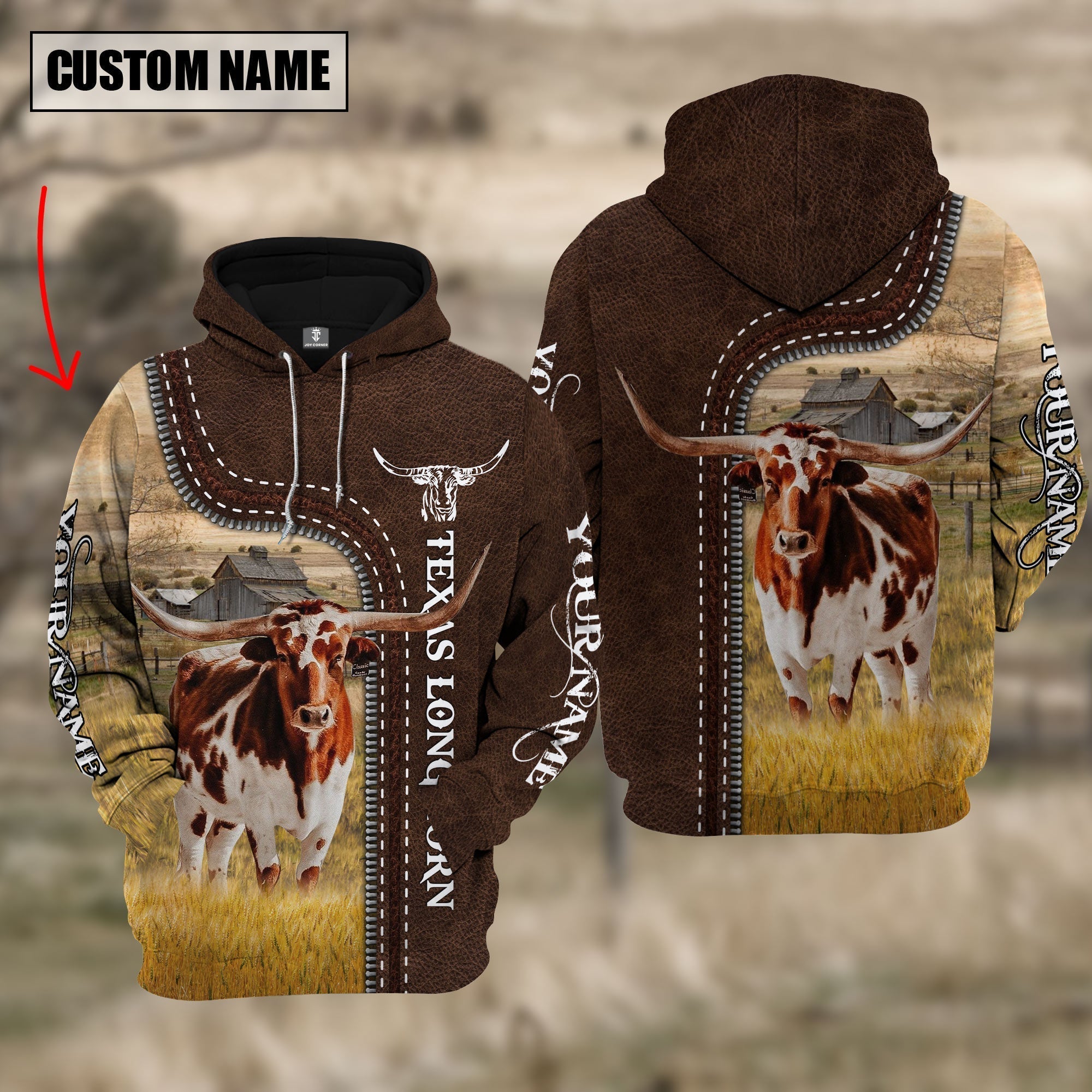 Texas Longhorn Farming Leather Pattern Personalized 3D Hoodie