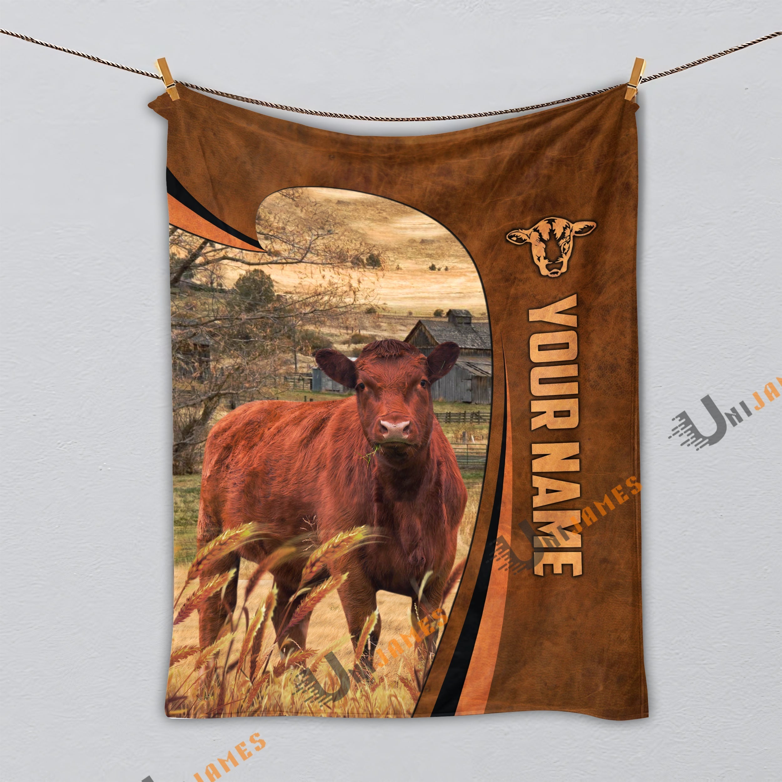 Personalized Name Red Angus Premium Brown Pattern 3D Blanket