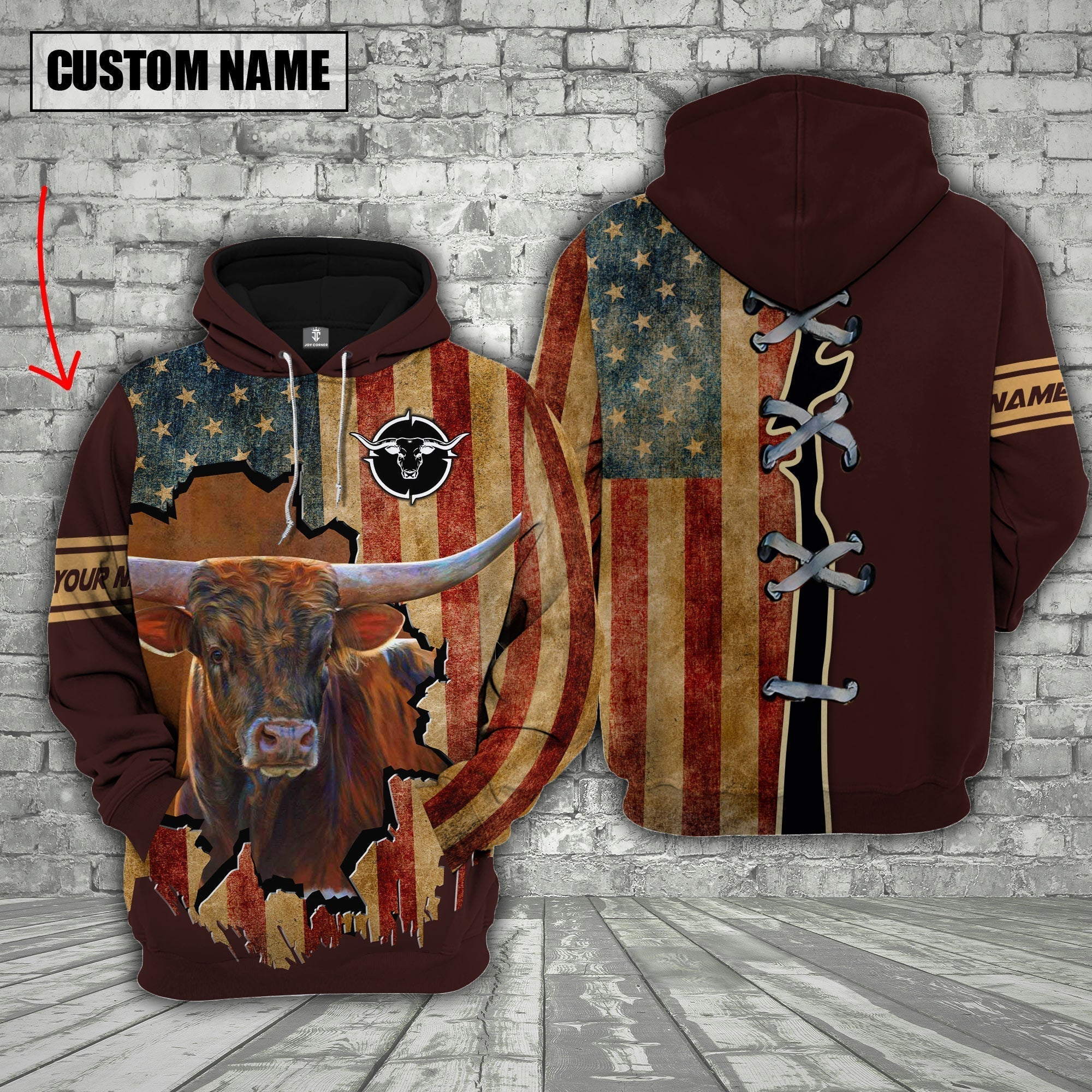 Texas Longhorn US Flag Retro Personalized 3D Hoodie