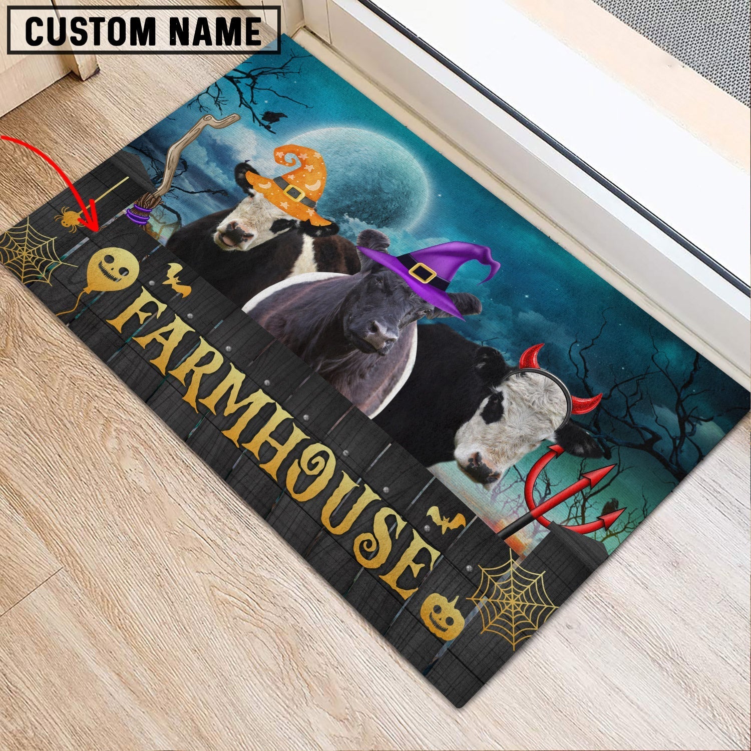 Belted Galloway Farmhouse Halloween Custom Name Doormat