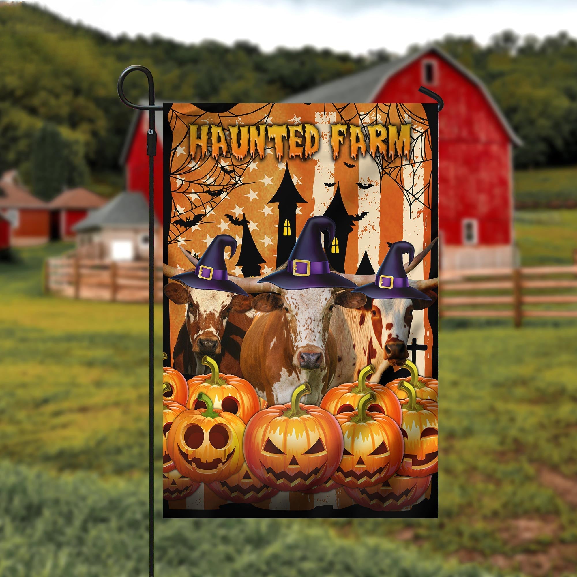 TX Longhorn Cattle Haunted Farm Halloween Flag