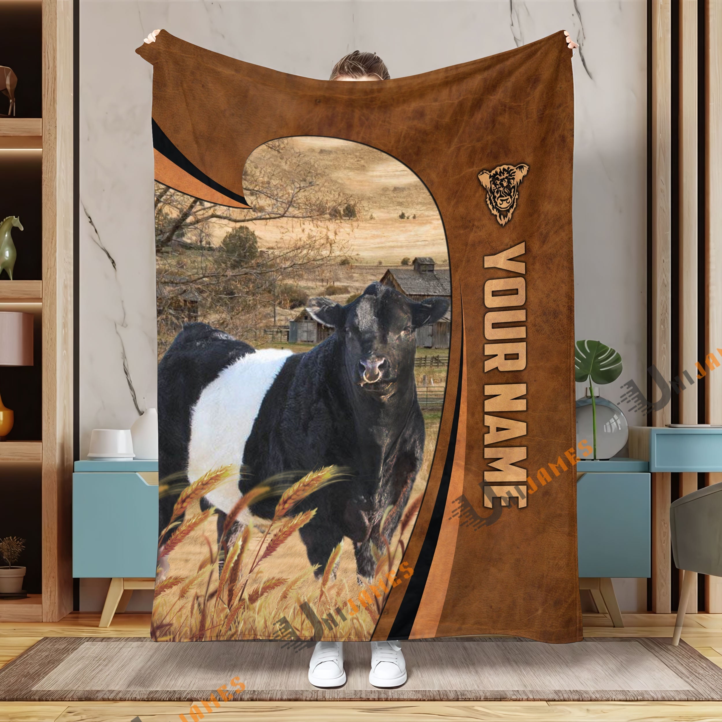 Personalized Name Belted Galloway Premium Brown Pattern 3D Blanket