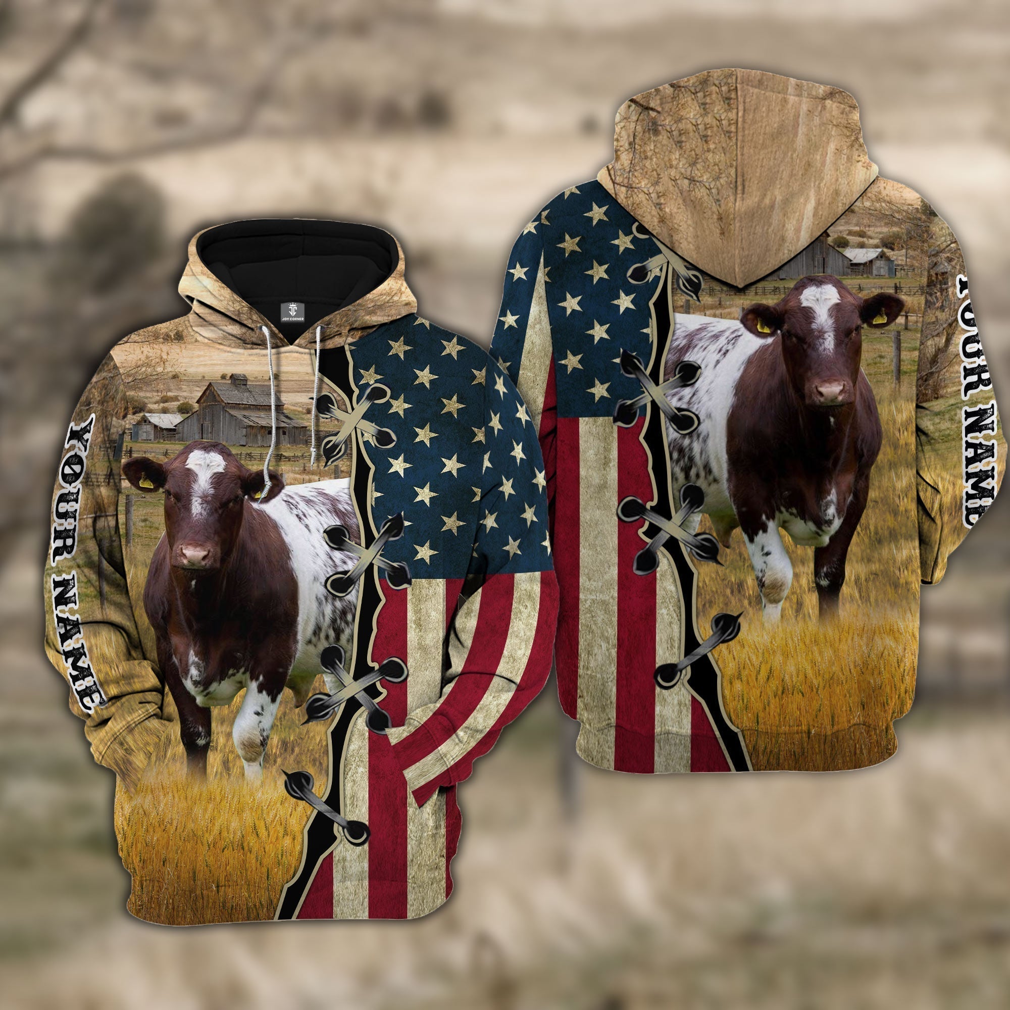 Custom Name Shorthorn Cattle American Flag 3D Shirt