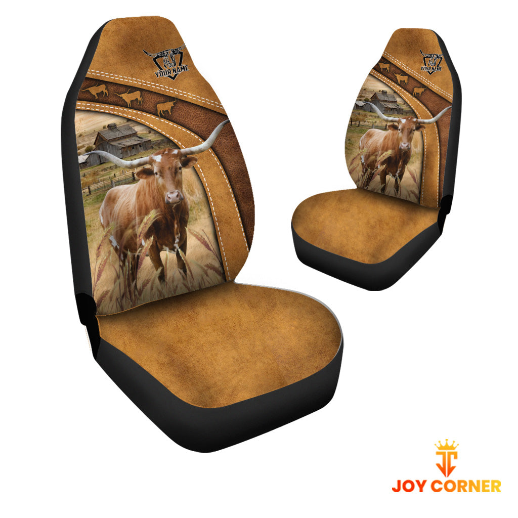 Texas Longhorn Pattern Customized Name 3D Car Seat Cover Set (2PCS)