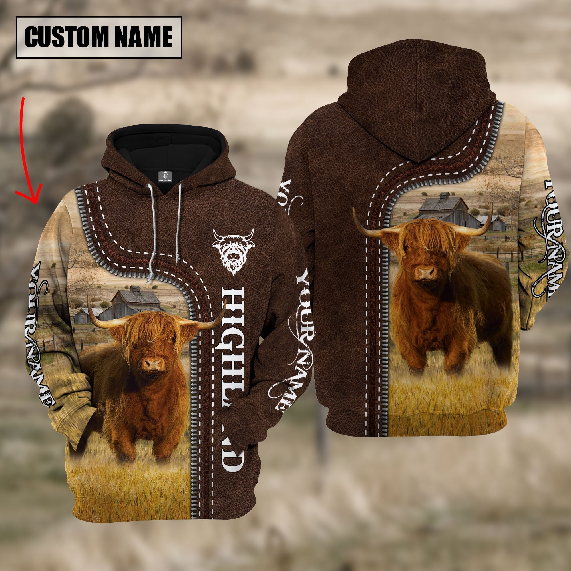 Highland Farming Leather Pattern Personalized 3D Hoodie