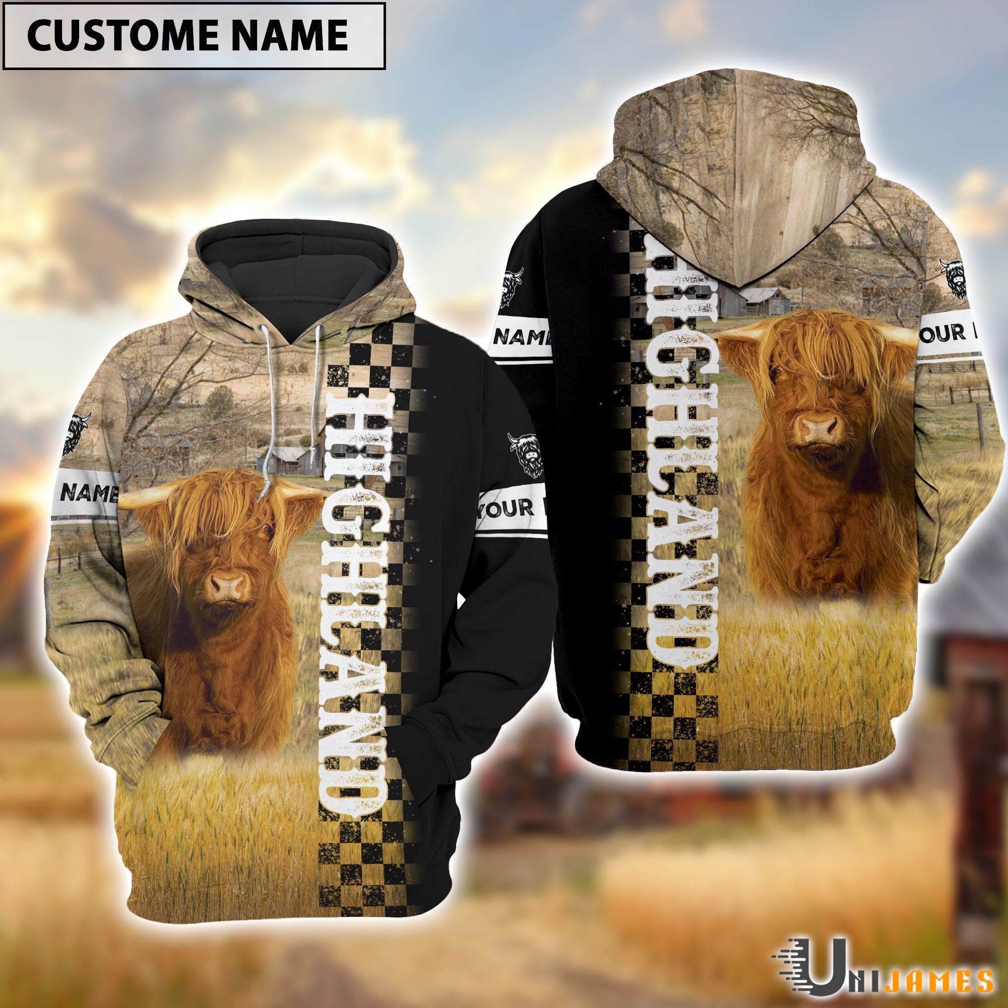 Personalized Name Highland Day & Night On The Farm 3D Hoodie