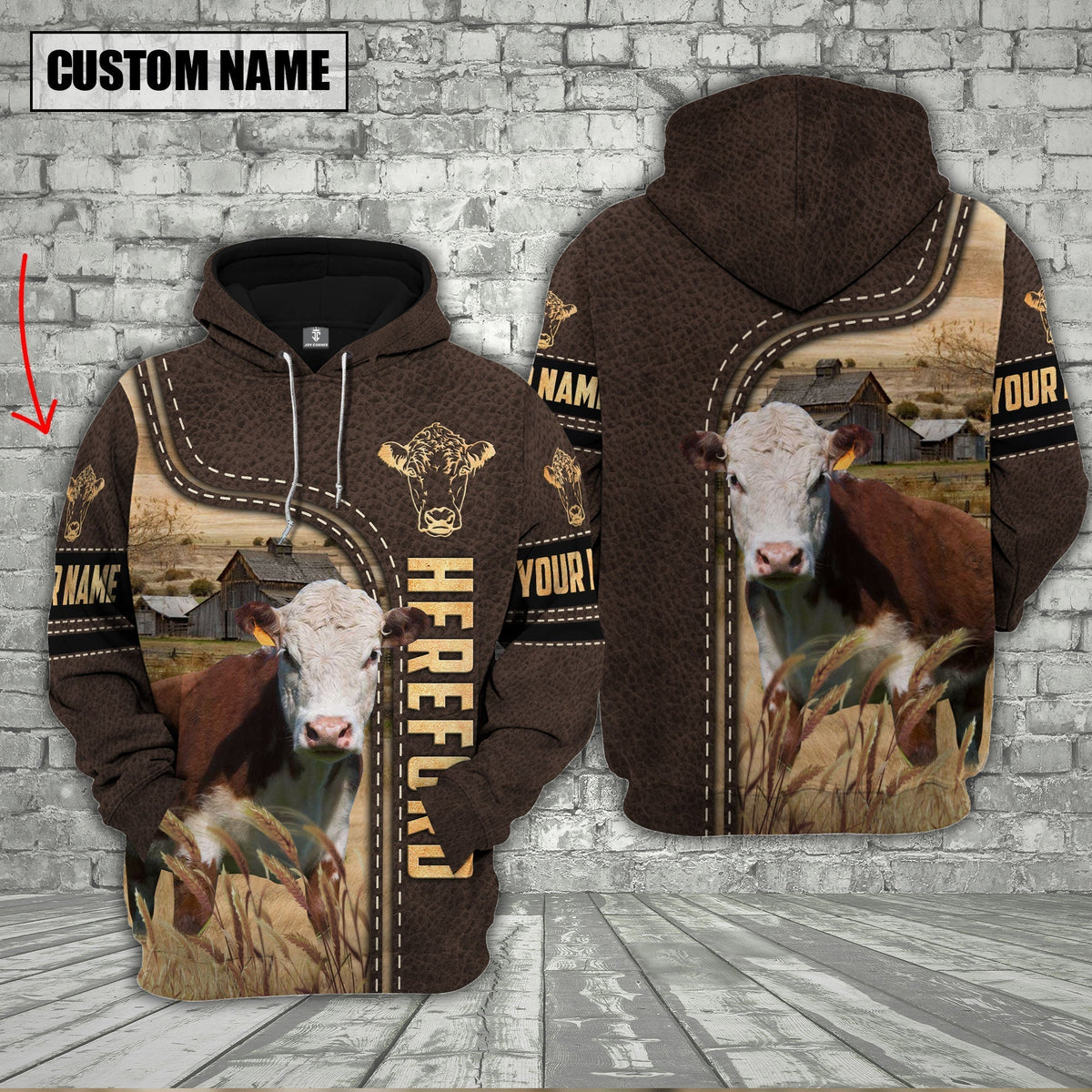 Hereford Cattle Brown Leather Personalized 3D Hoodie