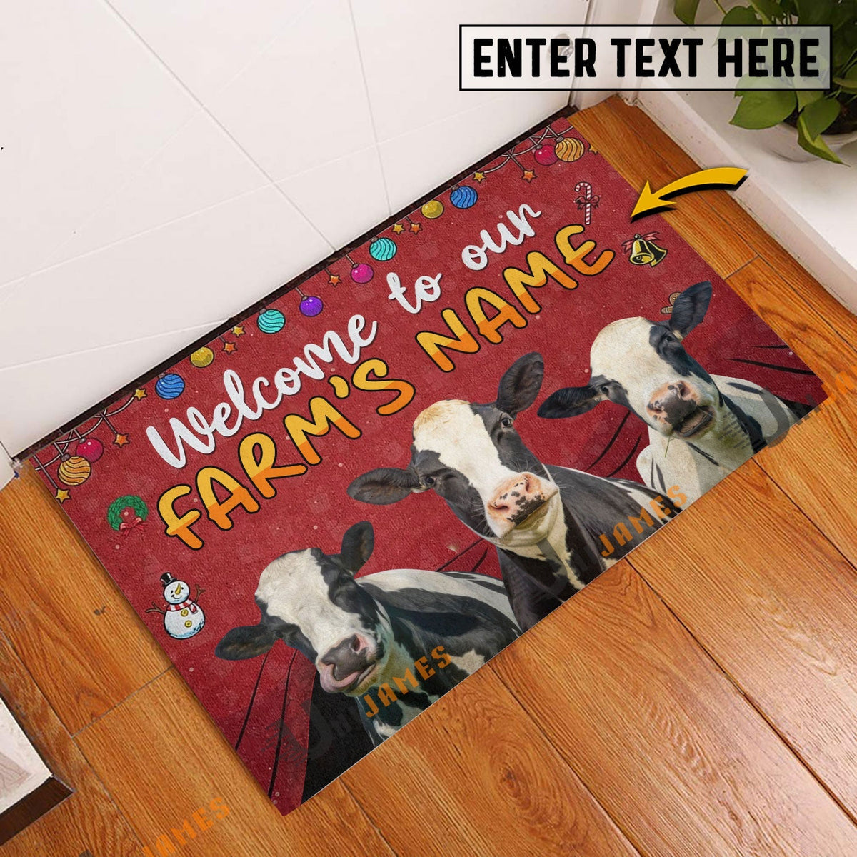 Holstein Christmas Custom Name Doormat