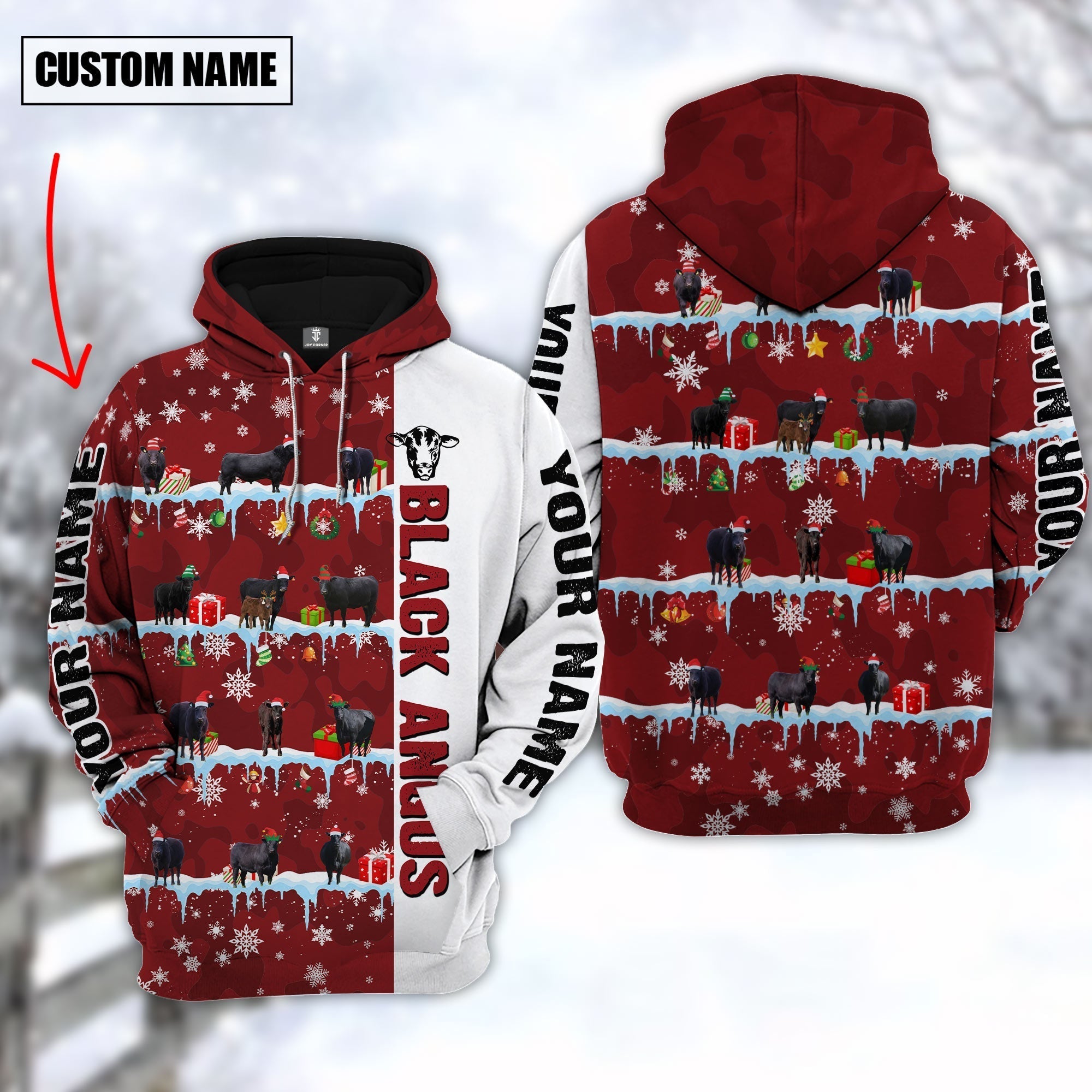 Personalized Name Black Angus Cattle Christmas 3D Hoodie
